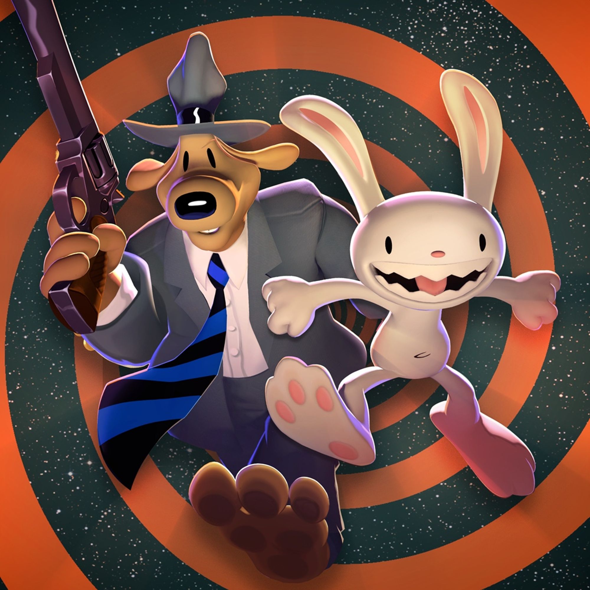 Sam (a six-foot-tall dog in a suit with a big gun) and Max (a three-foot-tall rabbity thing with a big toothy grin) leap out of a spiral in a way we hope conveys excitement.