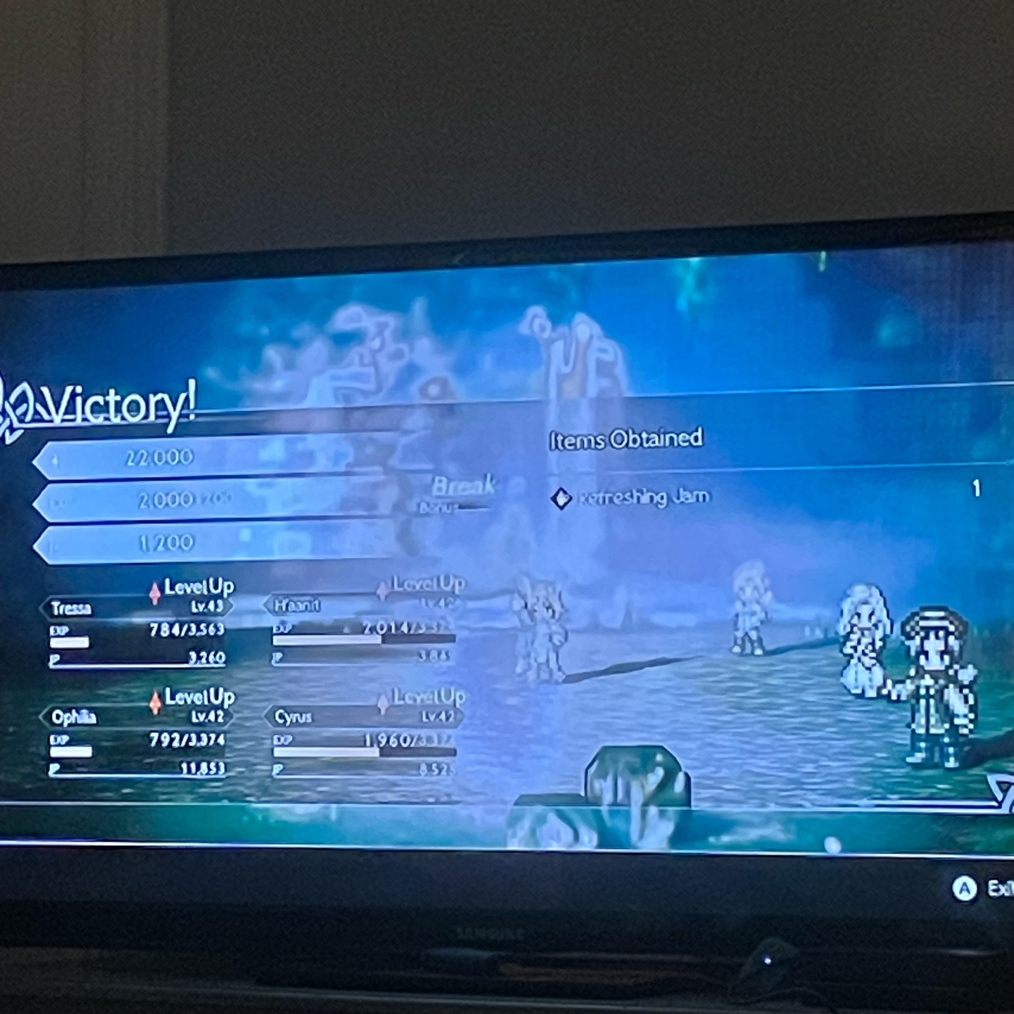 Octopath battle end screen featuring Tressa the Runelord, H’aanit the Warrior, Ophelia the Dancer, and Cyrus the Merchant