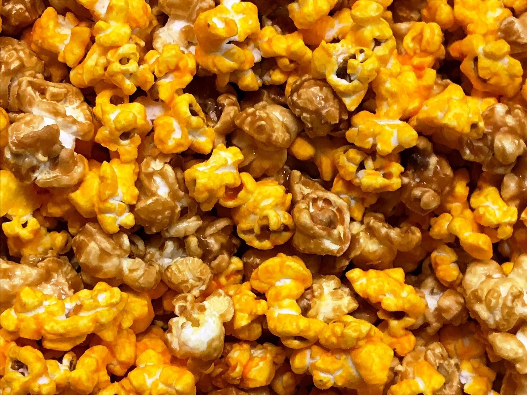 Closeup of caramel cheddar corn, AKA the DEVIL'S FOOD.