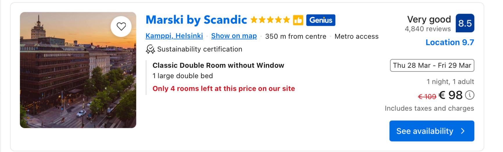 A room in Hotel Marski with 98 euros per night.