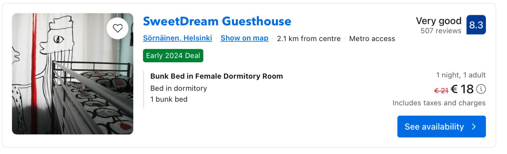 A bunk in a female dormitory room with 18 euros.