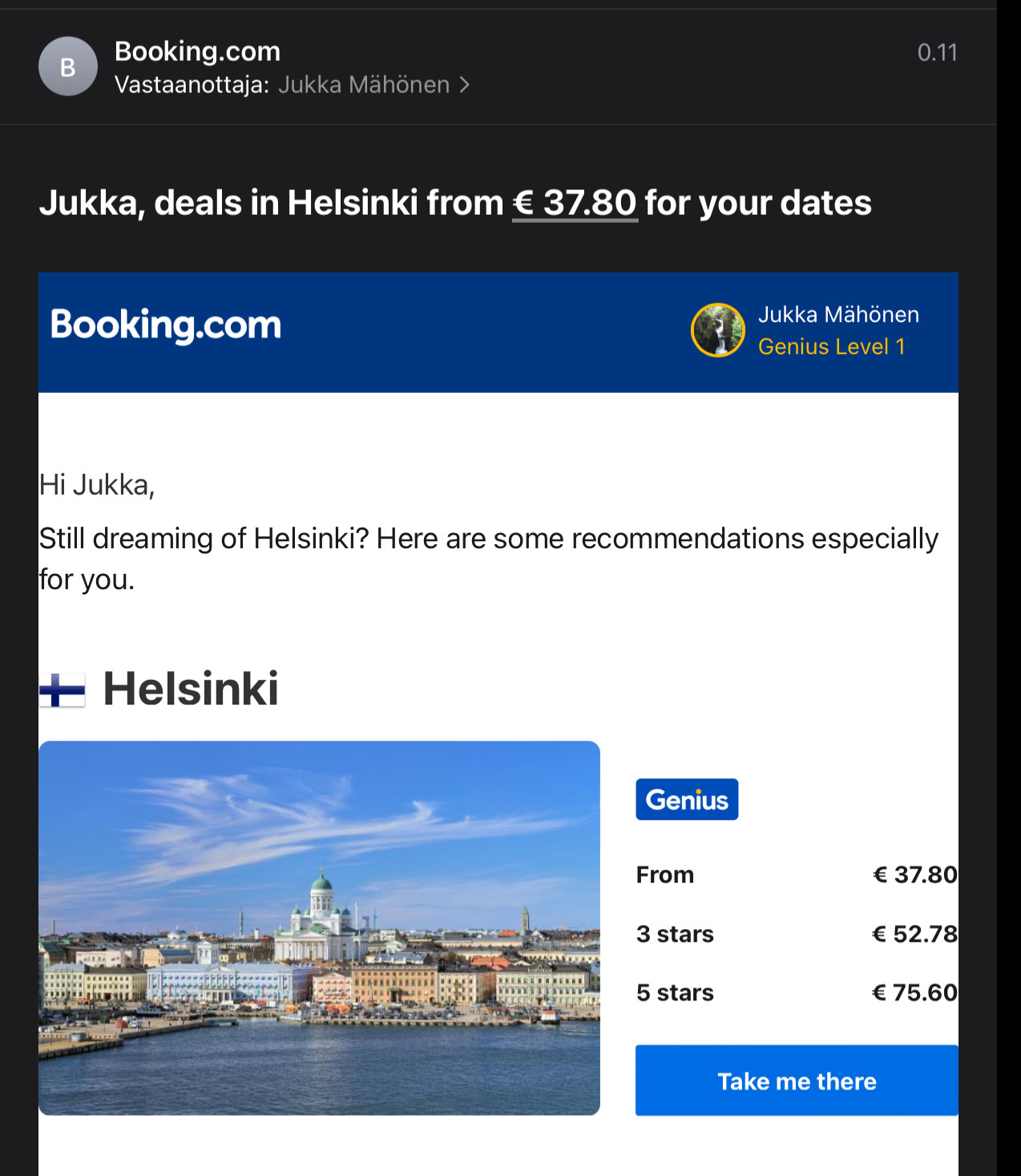 Email newsletter from booking.com, asking: Still dreaming of Helsinki?