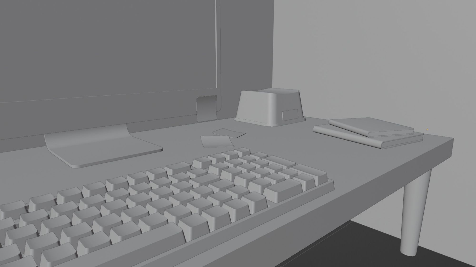 A photo of objects modeled in Blender which features a keyboard on top of a desk. In addition, there’s a monitor to the left with sticky notes.