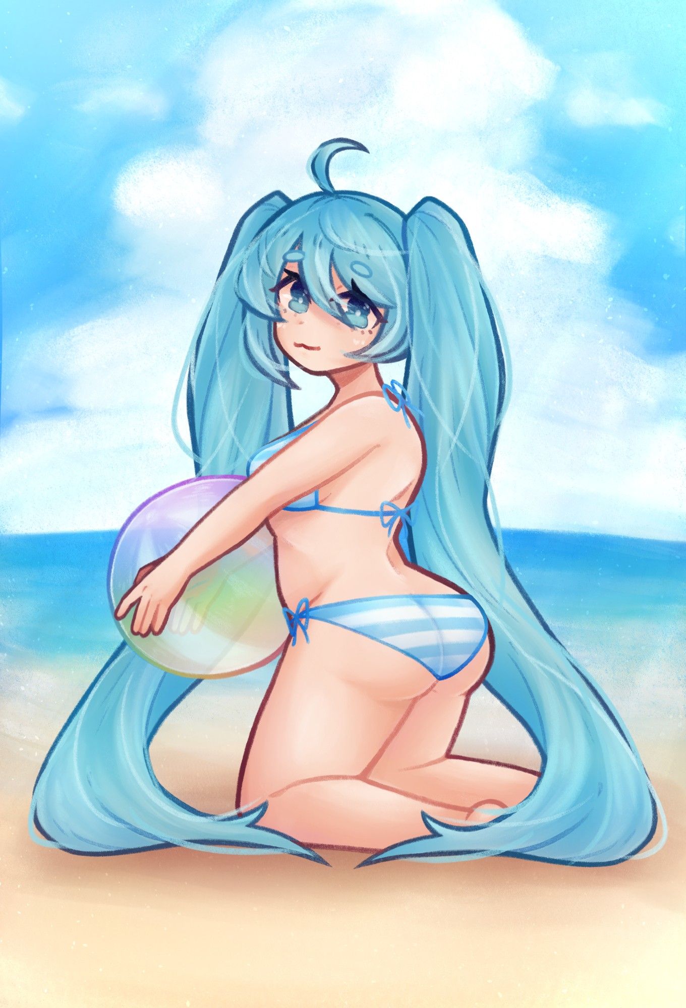 🎨Hatsune Miku at the beach with a blue and white stripped bikini holding a rainbow colored beach ball