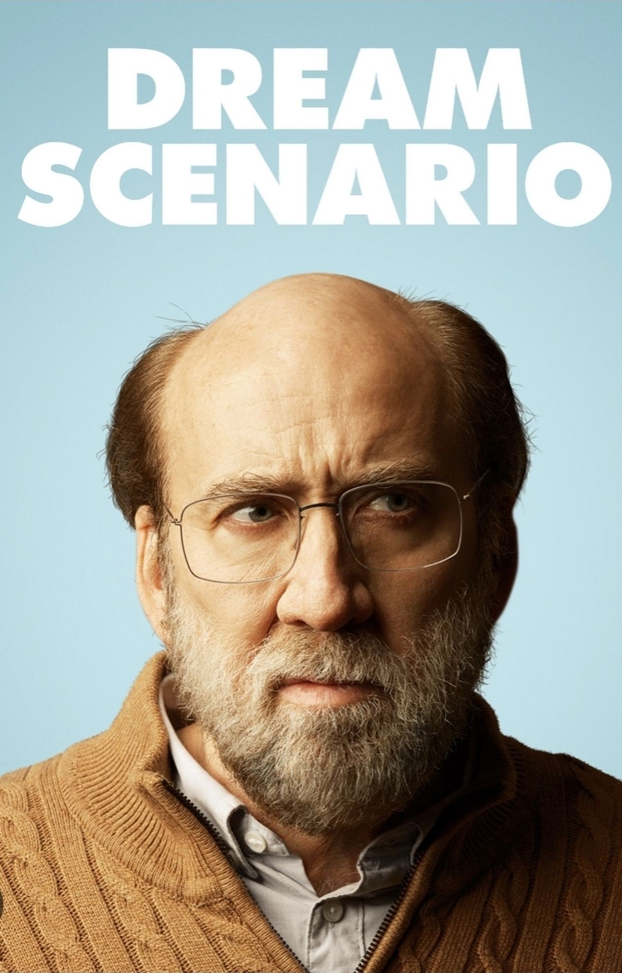 Poster voor de film dream scenario. Nicolas Cage bijna kaal met een bril en een baard.