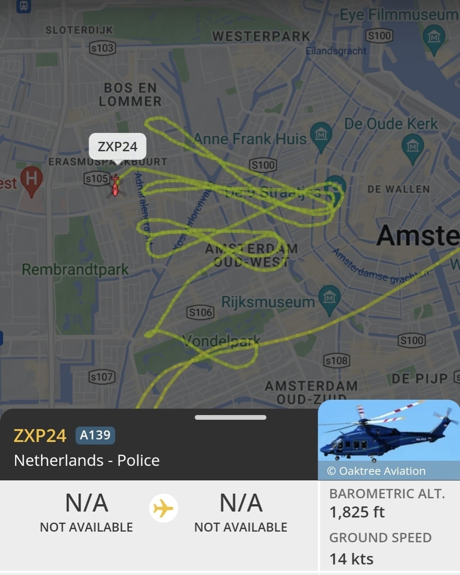 Een screenshot van de vluchtroute van de politiehelikopter. Allemaal rondjes boven mijn buurt.