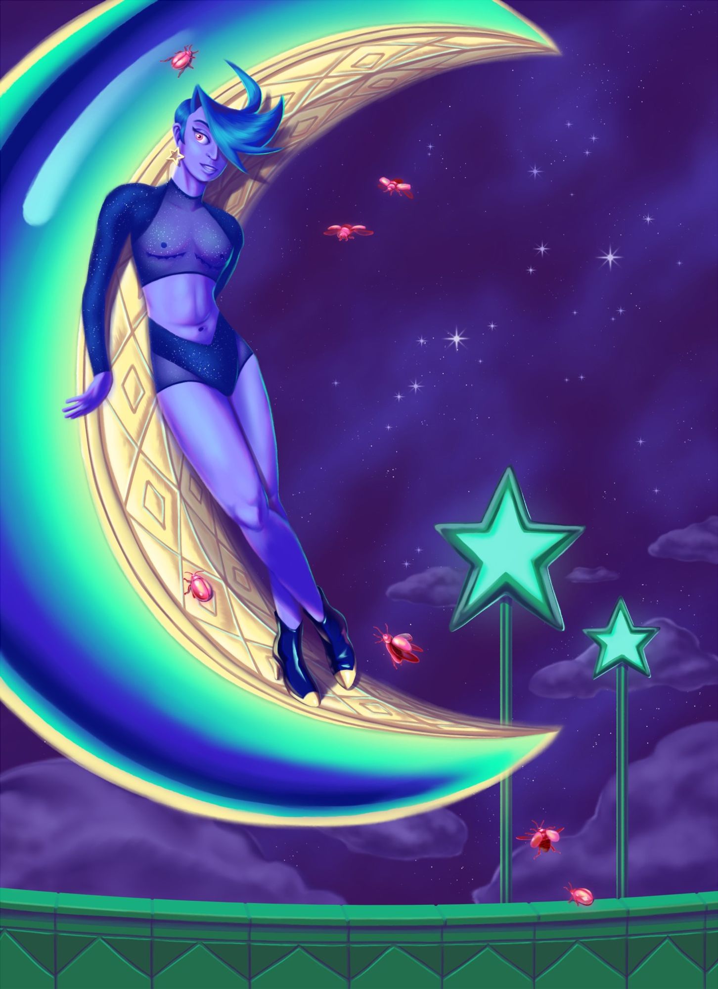 A portrait of a transmasc figure with light purple skin leaning against a crescent moon. Pink beetles fly around him. The scene is set against a cloudy and starry night sky.