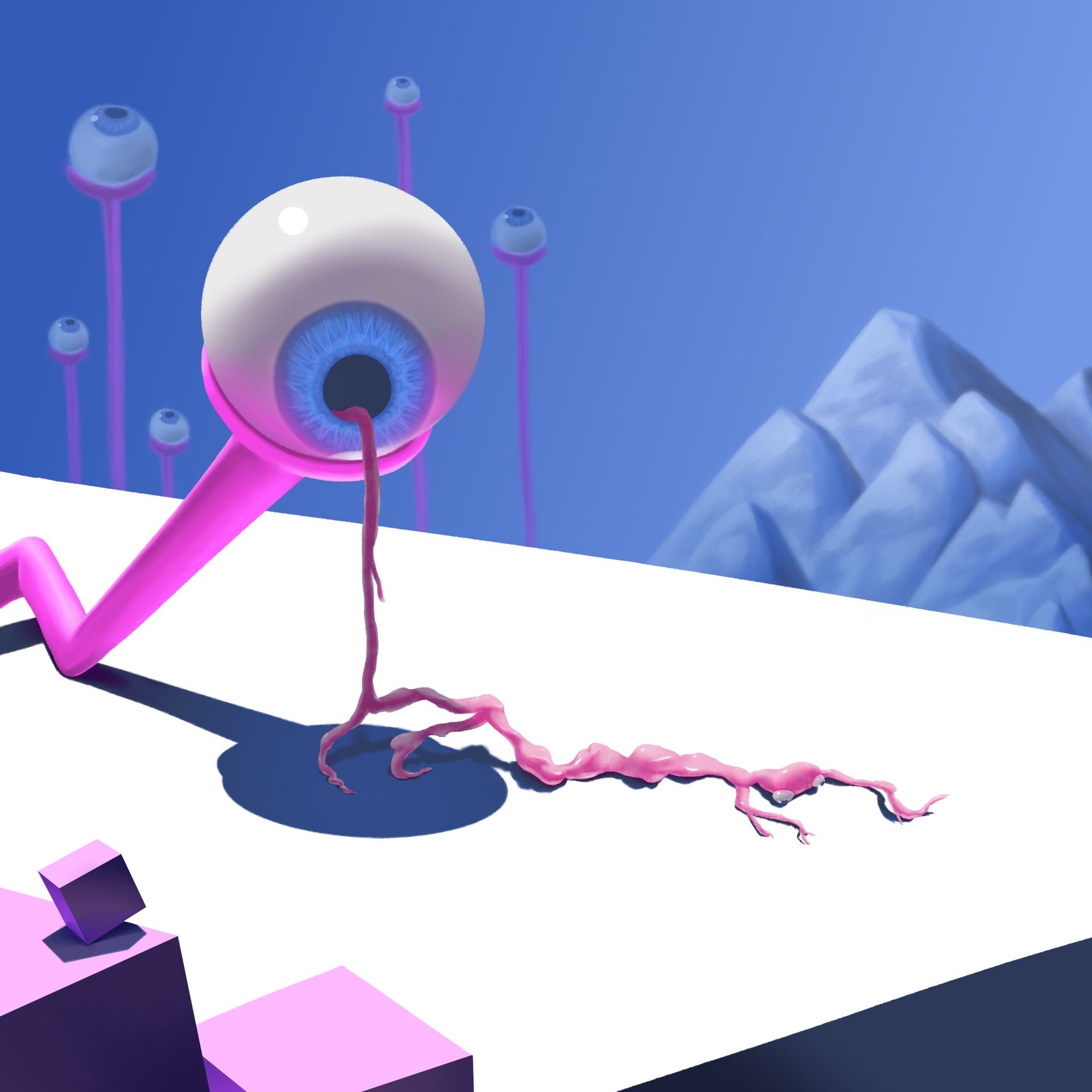 A digital painting of a fleshy, spindly figure crawling out of an eyeball. The surreal scene includes a bundle of pink cubes in the foreground and some snowy mountains in the background.