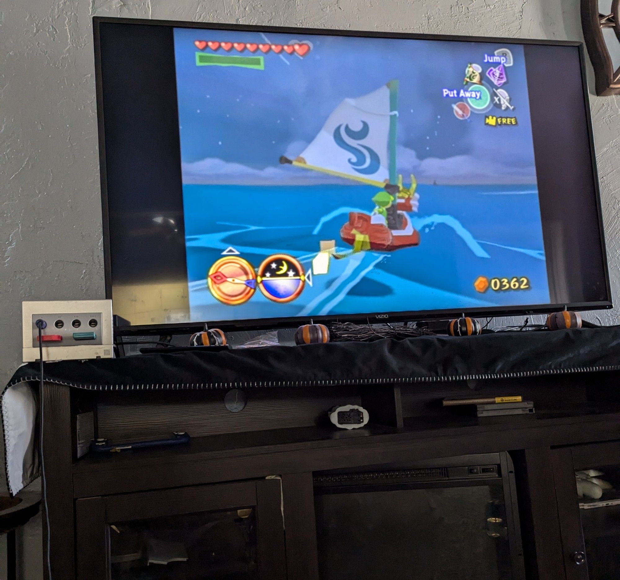 Playing Zelda wind waker on the game cube