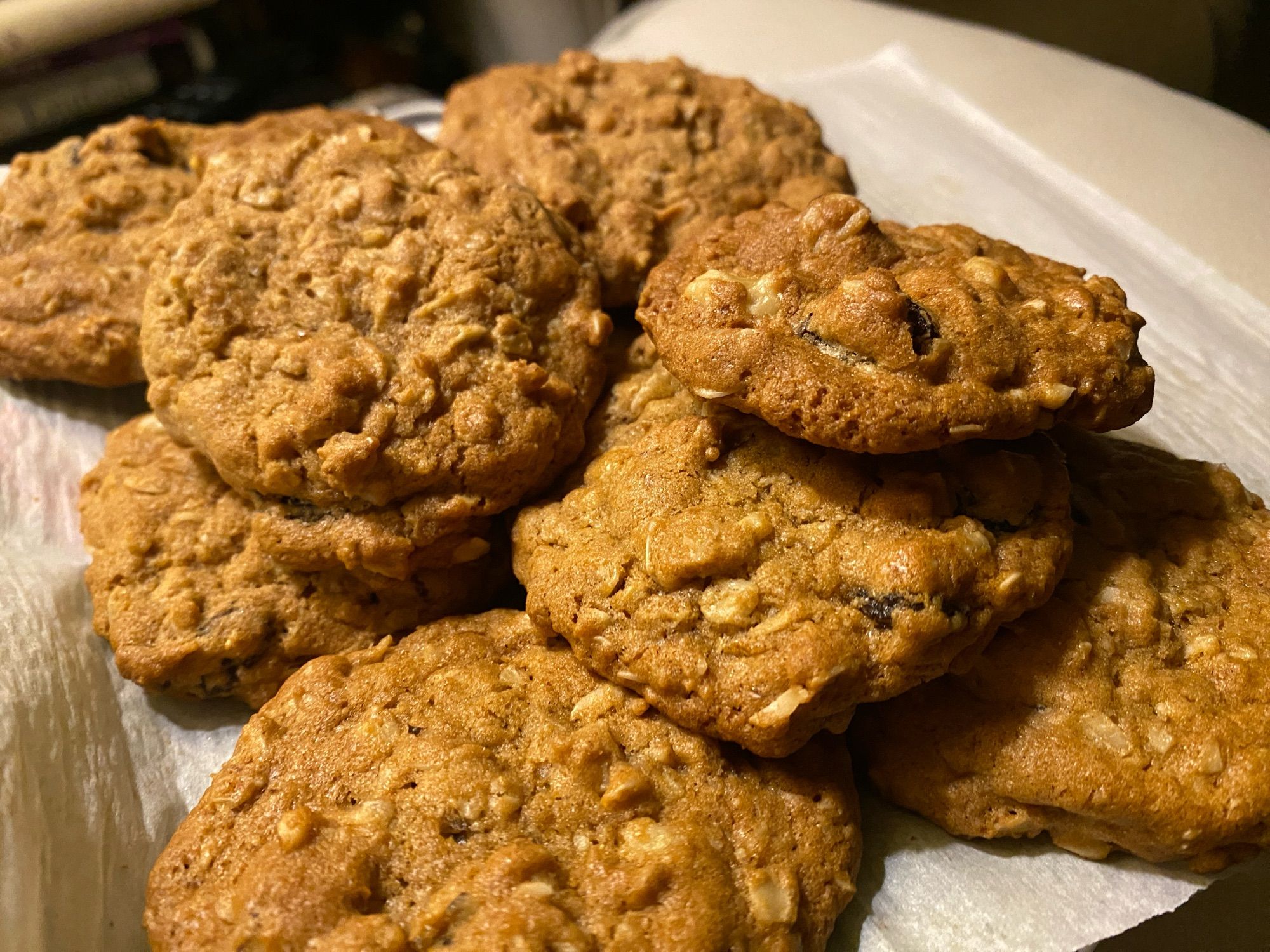 a pile of oatmeal cookies just out of the oven