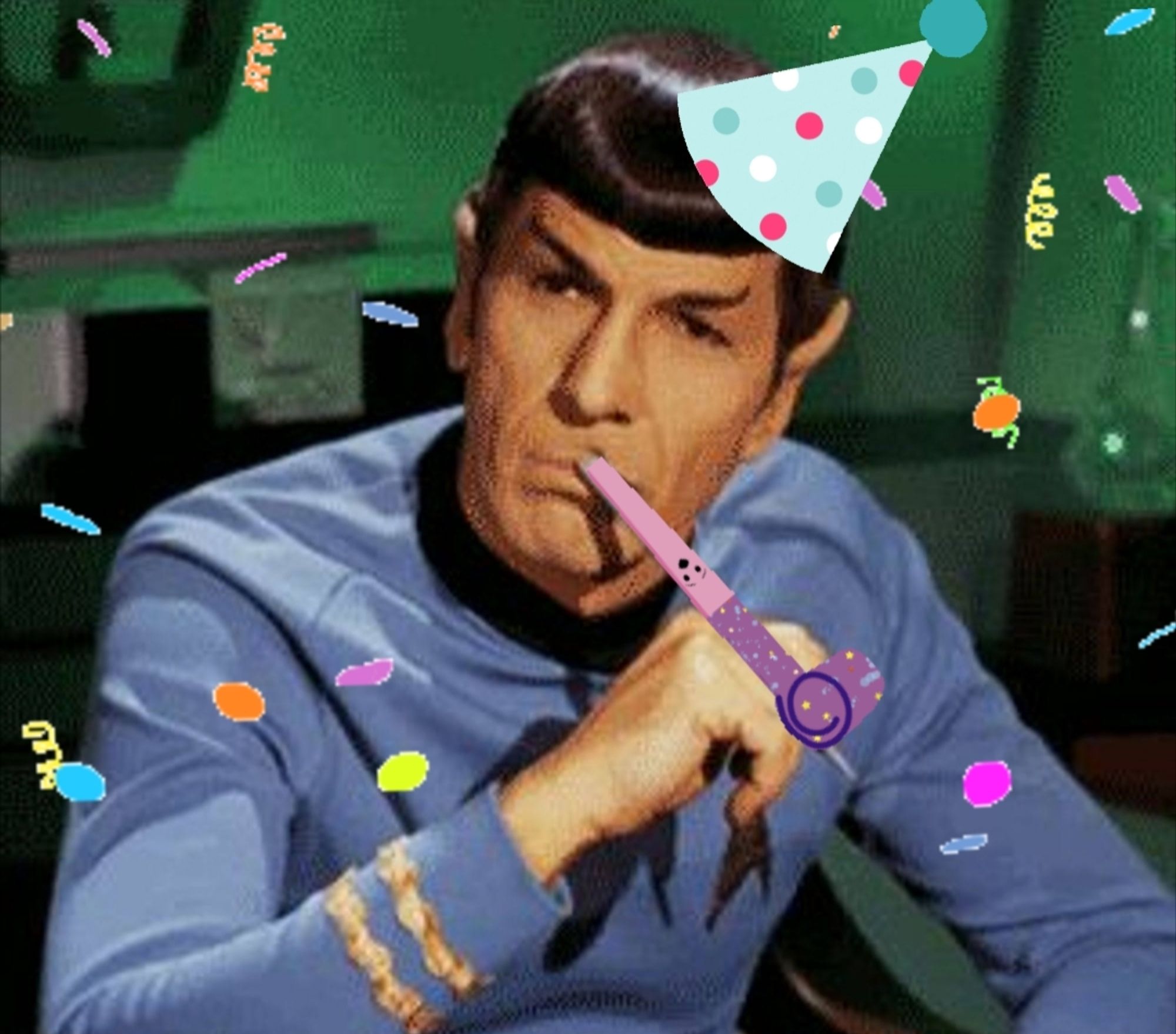 Leonard Nimoy as Spock in Star Trek TOS The Original Series. He is sitting, with one hand raised to just under his chin, with a pensive expression. The image has been edited to look like he has a party blower in his mouth, a pointed, polka-dotted party hat on his head, and celebratory confetti falling around him.