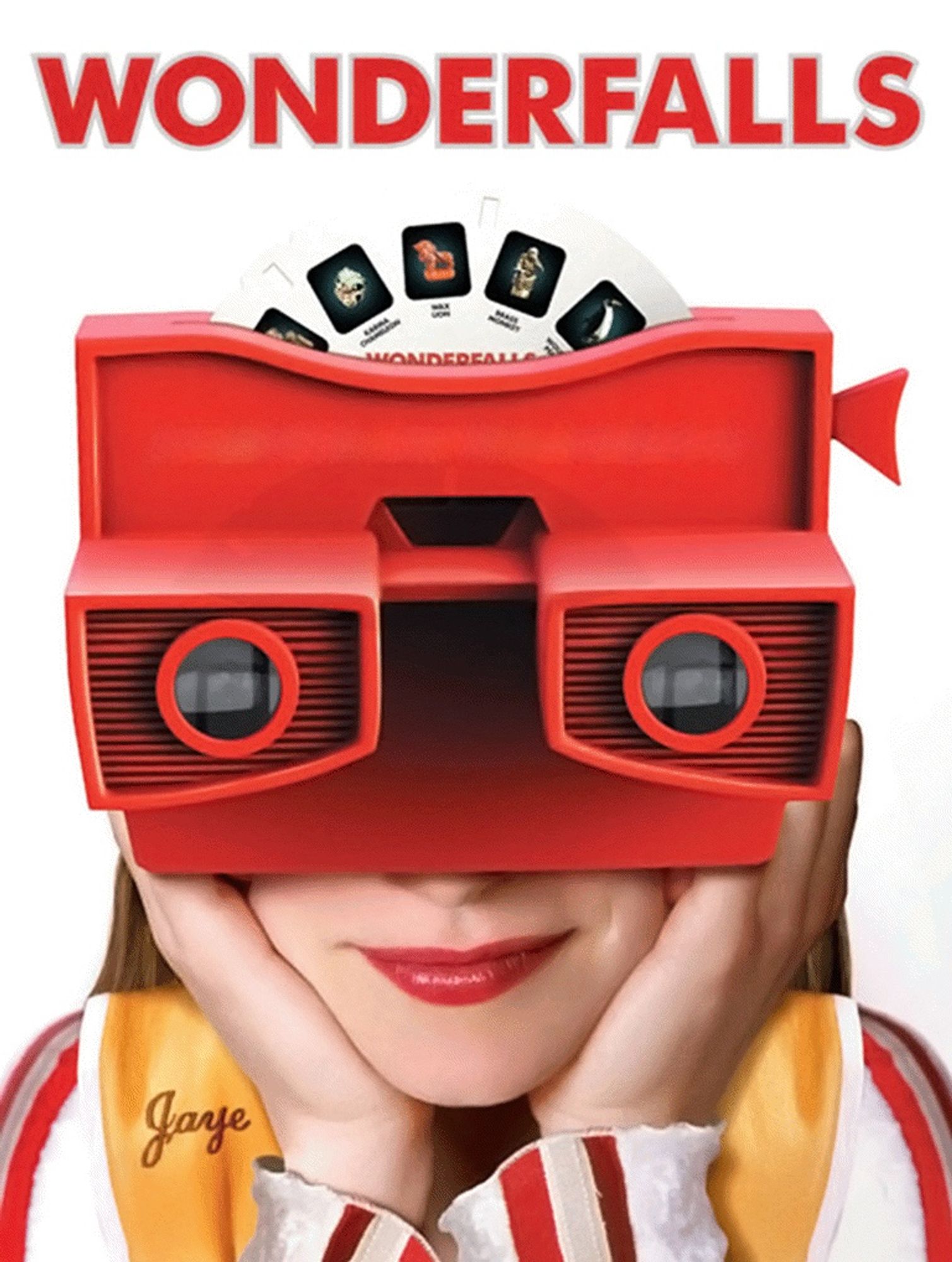 A cover of a dvd set for a show called Wonderfalls. Featuring a woman looking through a viewmaster. The top half of her face is obscured.