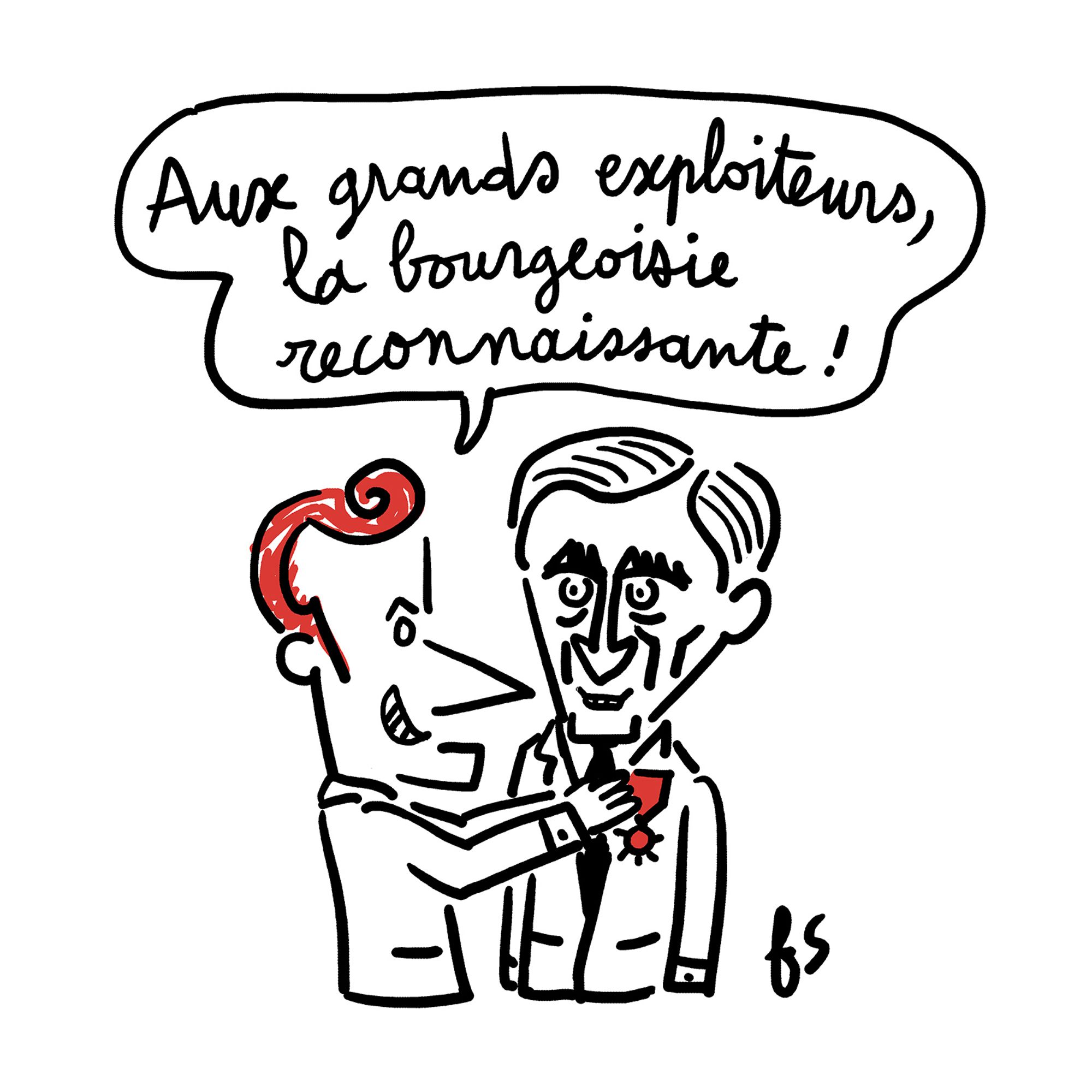 Dessin. 
Macron accroche la Légion d'honneur à Bernard Arnault en disant : Aux grands exploiteurs , la bourgeoisie reconnaissante !