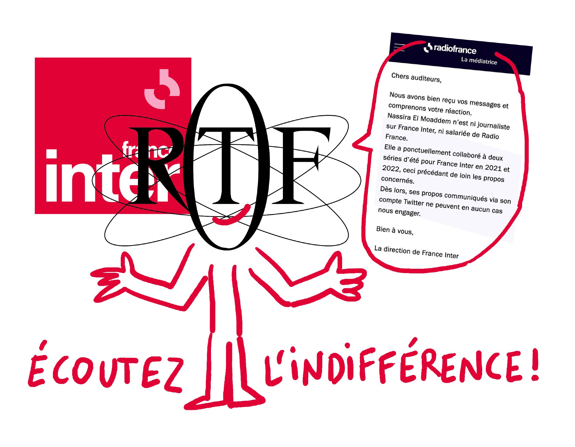 montage avec le logo de l'ORTF par-dessus le logo de France Inter. Le O fait la tête d'un personnage dessiné, qui semble dire dans une bulle le texte de la médiatrice de Radio France.