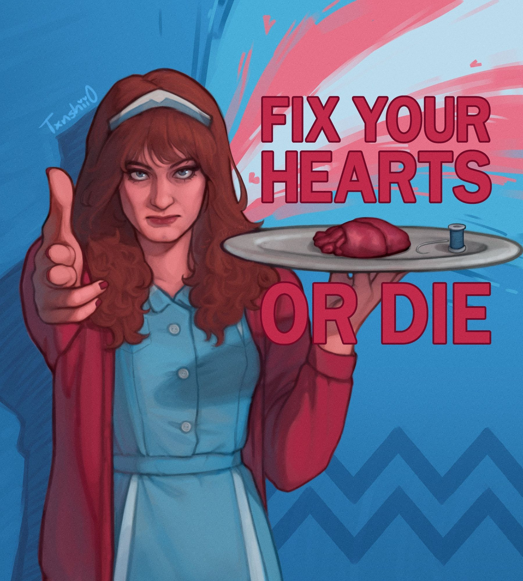 art of Denise Bryson from Twin Peaks, with the text "Fix your hearts or die"