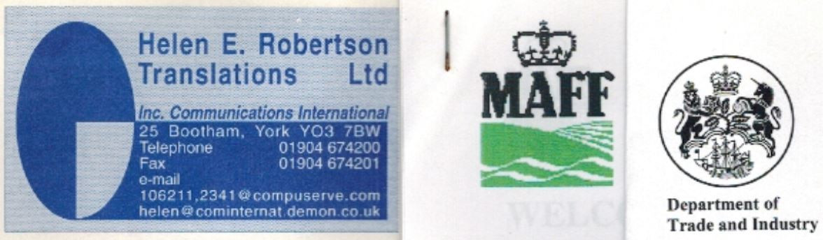 Logos of Helen E Robertson Translation, MAFF and Department of Trade and Industry