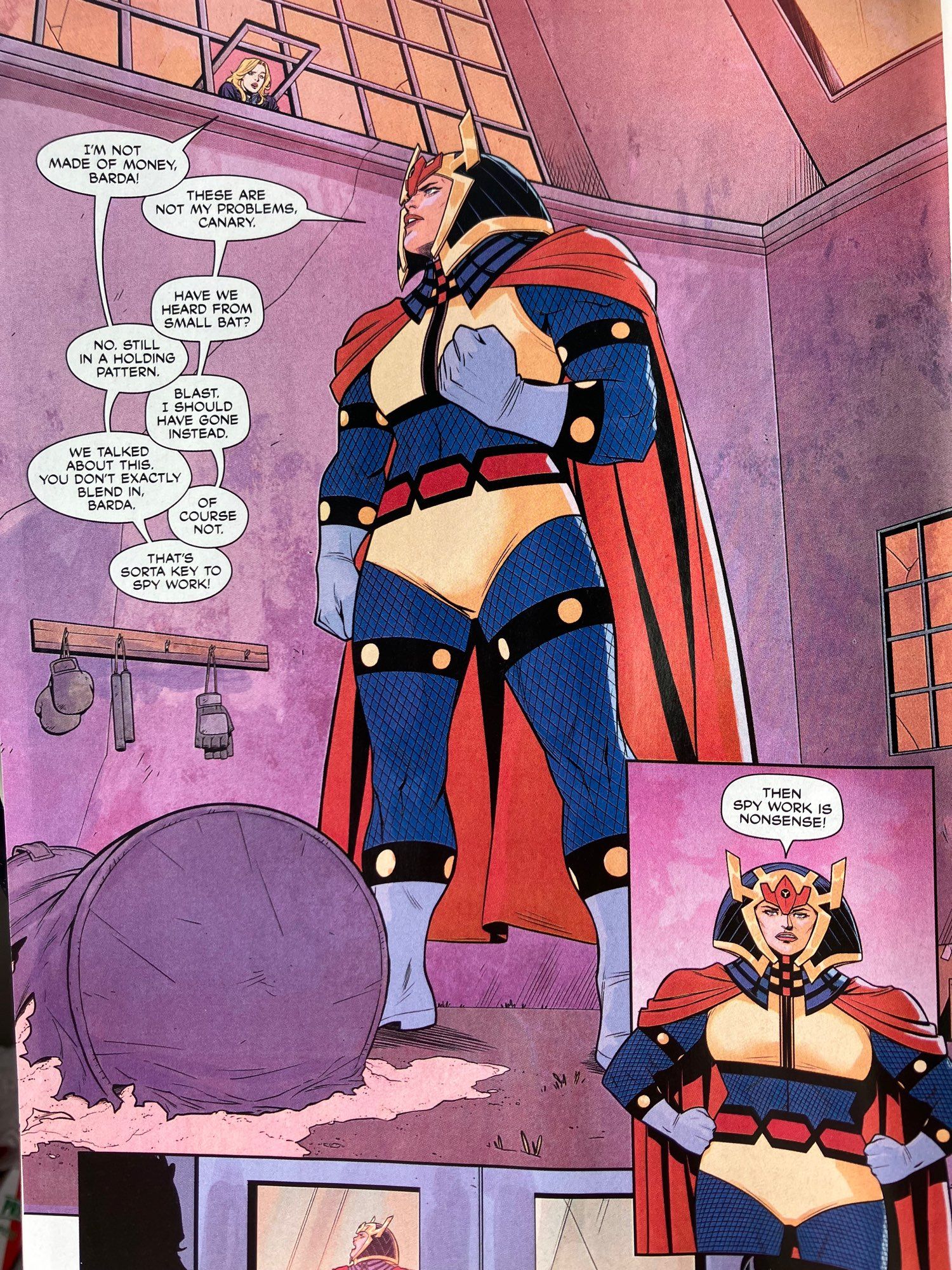 Dinah: “We talked about this.  You don’t exactly blend in, Barda.” Barda: “Of course not.” Dinah: “That’s sorta key to spy work!” Barda: “Then spy work is nonsense!”