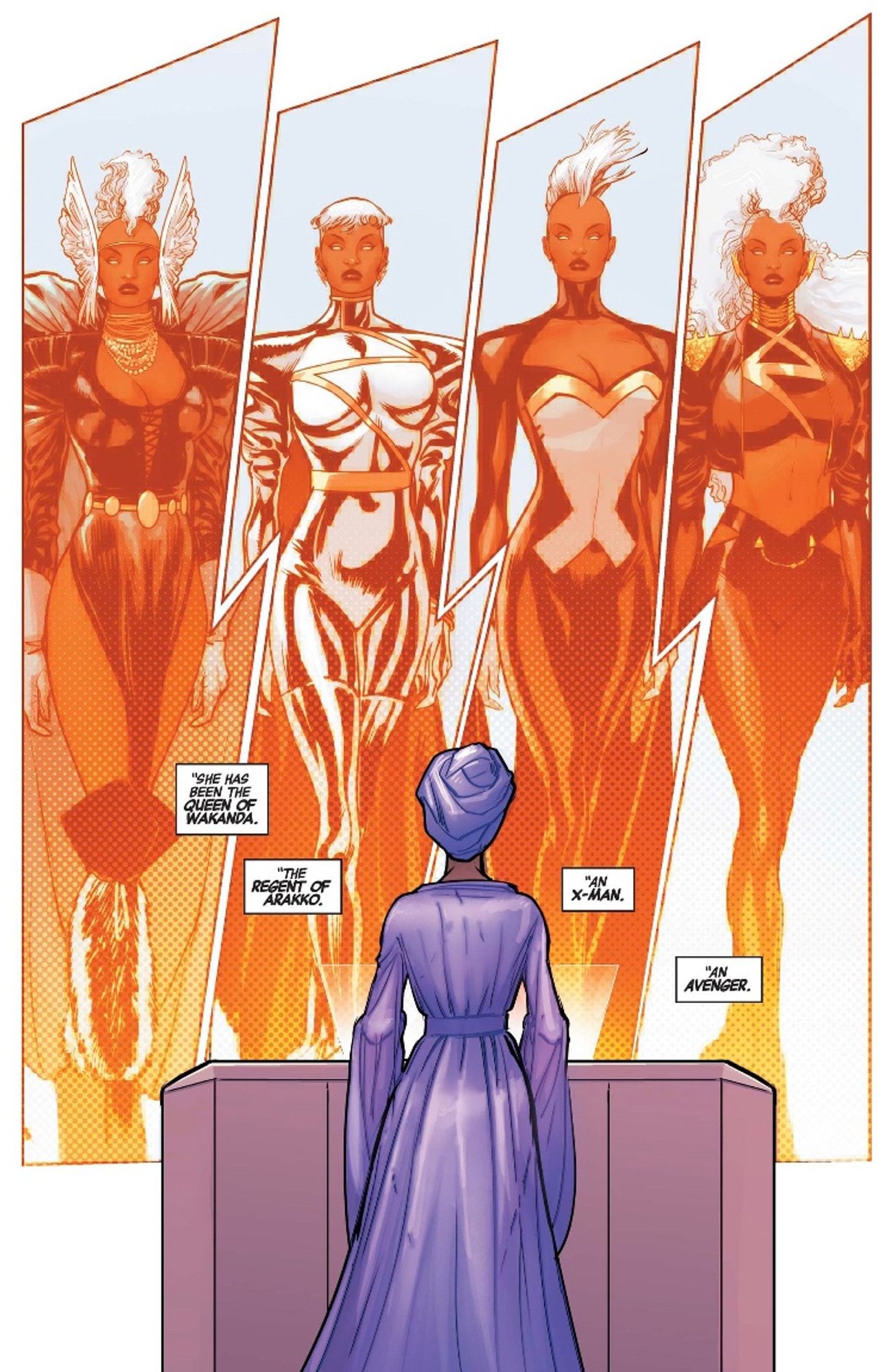 Ororo looks at a display of various looks she’s had over the years, one sporting a haircut reminiscent of Guy Gardner’s bowlcut-undercut combo