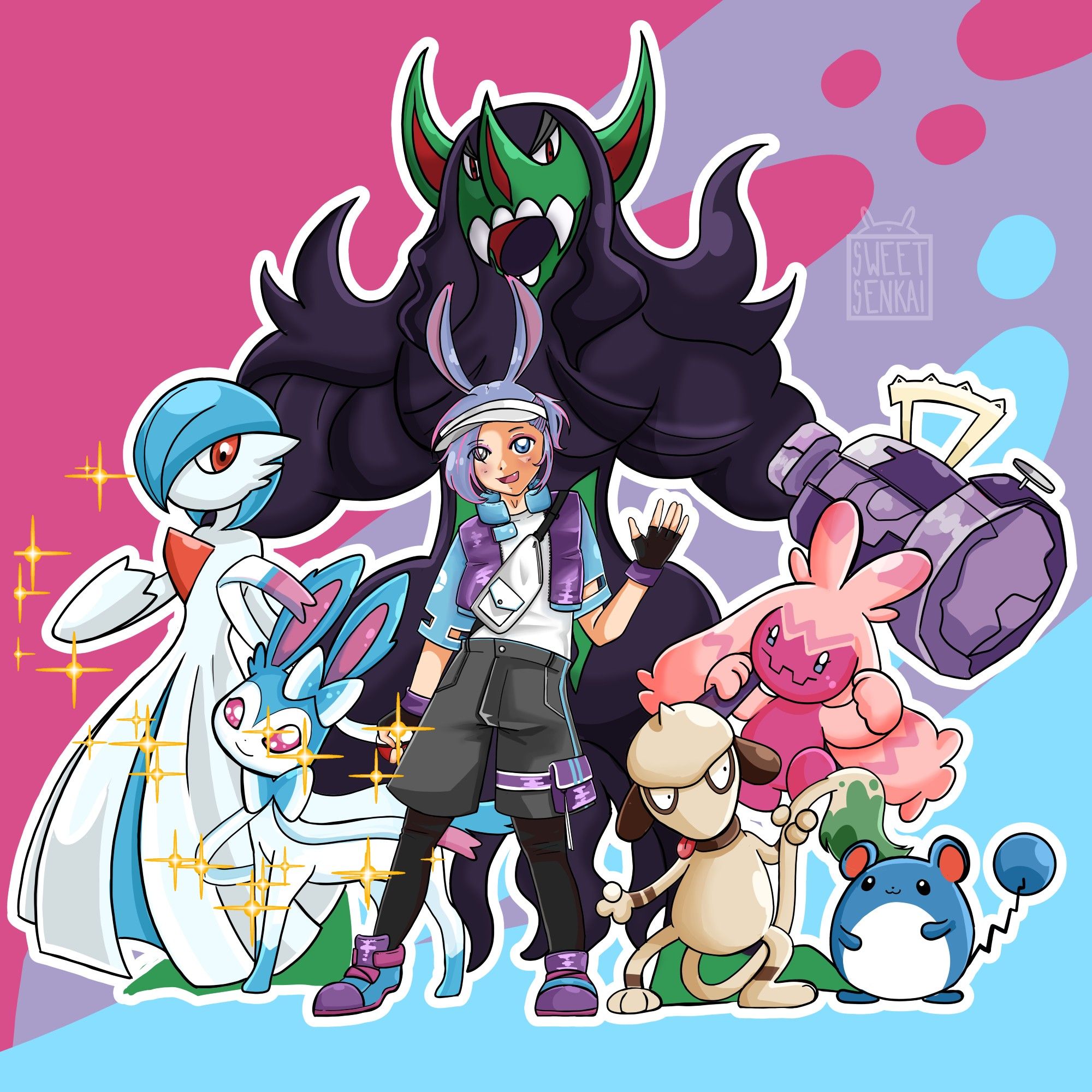 Drawing of a pokemon trainer with it's pokemon. The trainer is a boy with bunny ears and purpleish hair, wearing a white cap. He has shorts over black leggings pruple pants, a white shirt with a short sleeved vest in blue and purple over it, a white crossbag and black fingerless gloves.
He is surounded by a smeragle, a marill, a tinkaton, a shiny sylveon and a shiny gardevoir. Behing him theres a Grimmsnarl. Background is in pink, purple and blue splashes of paint.