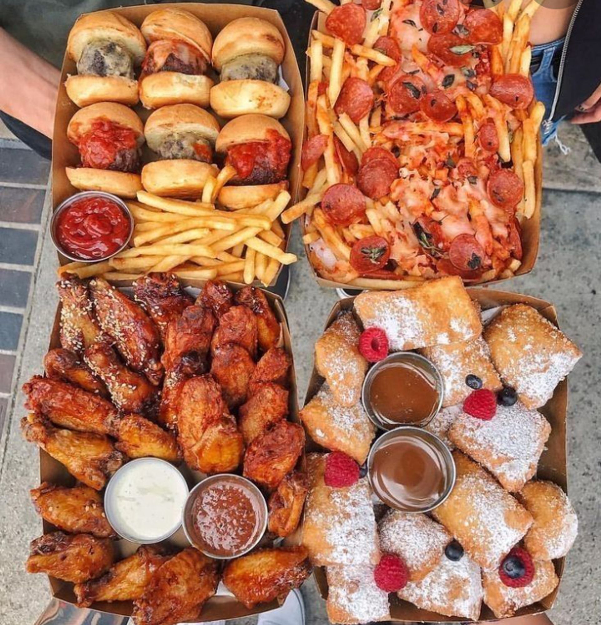 Mini cheese burgers, chicken wings, fries, pepperoni n cheese, delicious pastries, dips and sauces