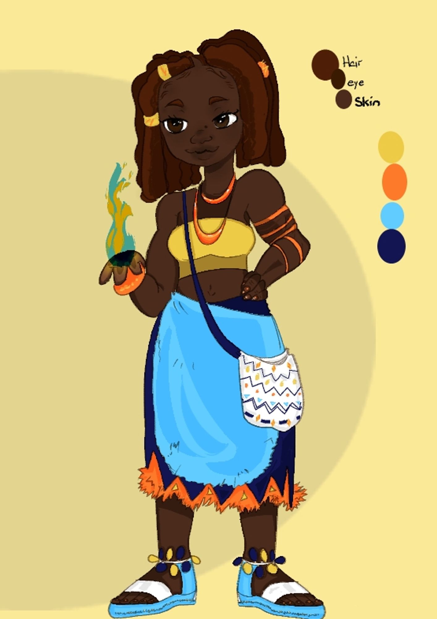 A character sheet for Aaliyonna; character is standing with a blue flame in her hand. Palette drops are next to the character. The colors are three shades of brown in warm tones, yellow, orange, blue, and navy.