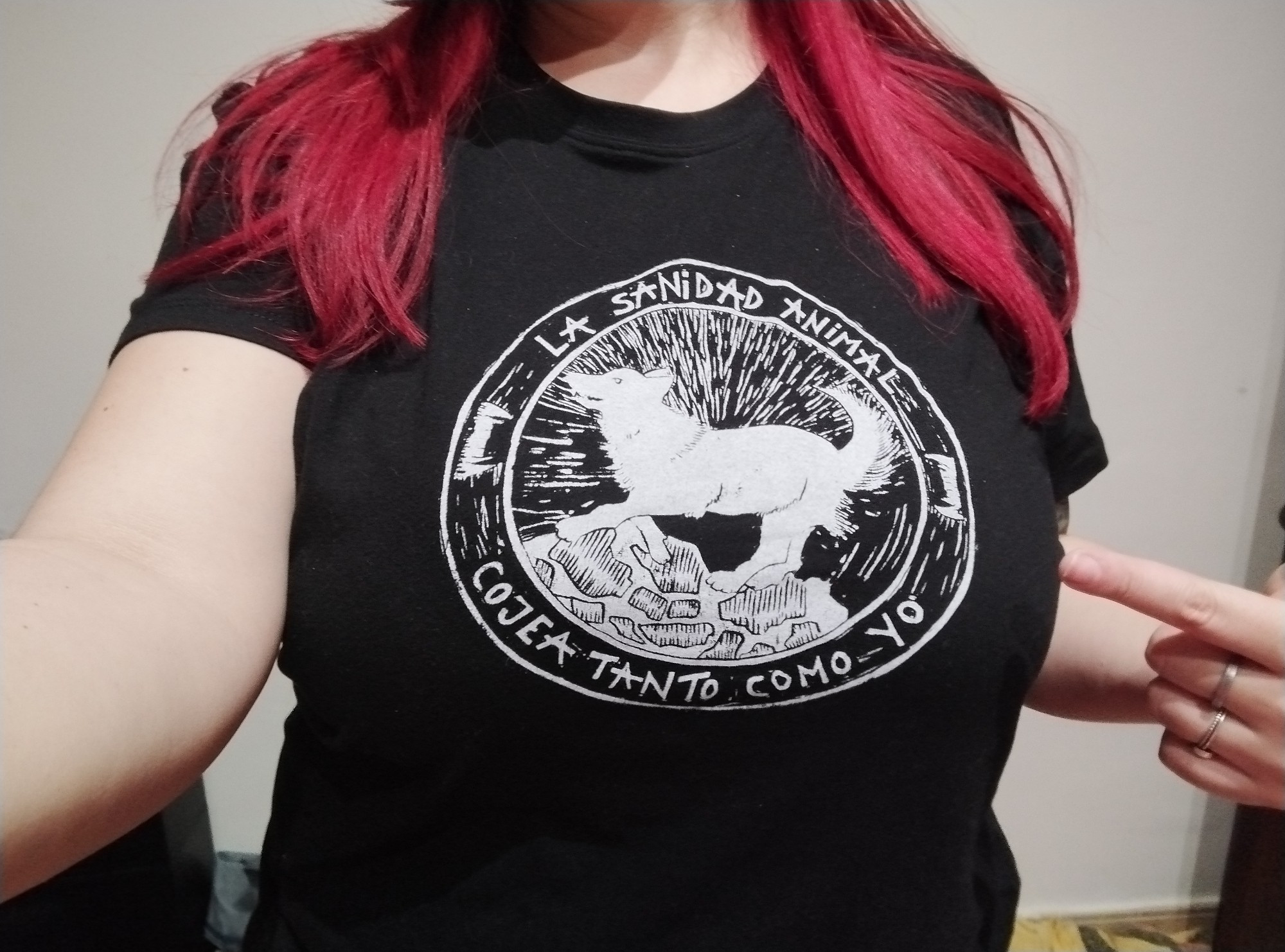 Camiseta super chula con el dibujo de un perrete junto a la frase "La sanidad animal cojea tanto como yo"