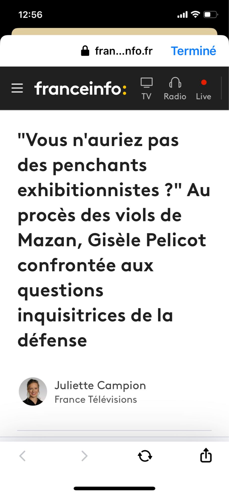 Le titre d’un article de France Info : « vous n’auriez pas des penchants exhibitionnistes » Au procès des viols de Mazan, Gisèle Pelicot confrontée aux questions inquisitrices de La Défense.