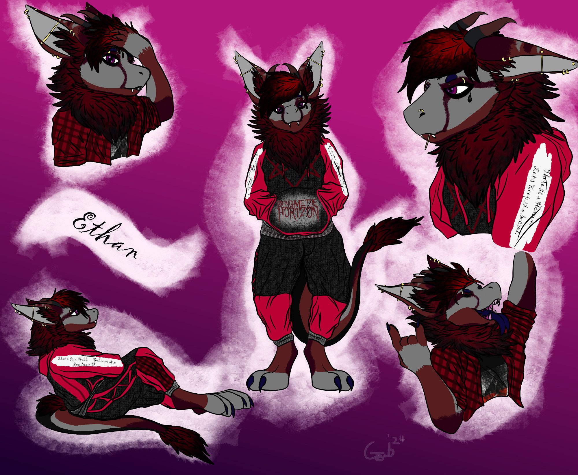 A moodboard like artwork depicting a Male Black, Red and grey "Nardoragon" character called Ethan on a purple gradient background in a variety of different poses and expressions, as well as two different outfits; a black and red hoodie and sweatpants Bring Me The Horizon themed fit (bottom left, middle, top right), and a red flannel and black shirt outfit, the black shirt having the album cover of Sleeping With Sirens' "With Ears to See And Eyes to Hear" on the front (top left, bottom right).