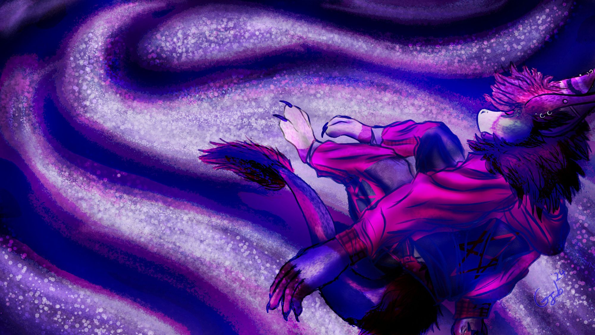 A Nardoragon wearing black-and-red hoodie and sweatpants floating in purple/blue-ish space-like void, almost like he's being swept away by a cosmic wind.