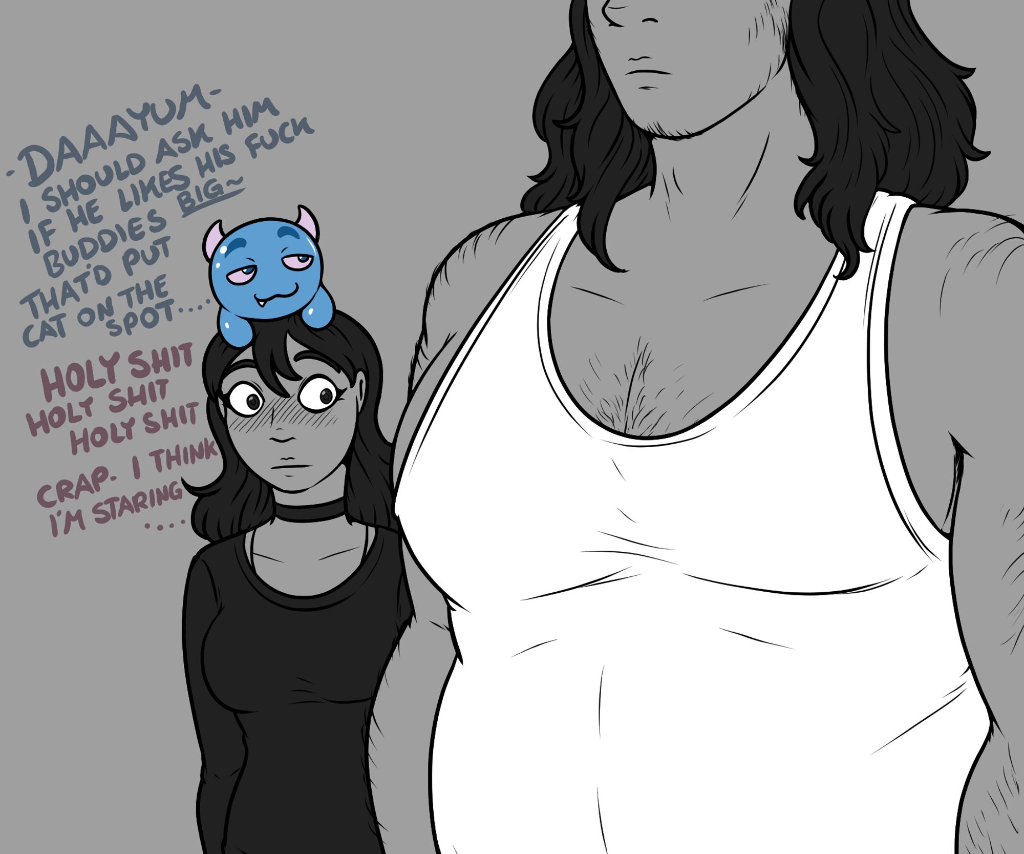 Doodle of Catherine being distracted by a big bulky guy, with Bal sitting on her head