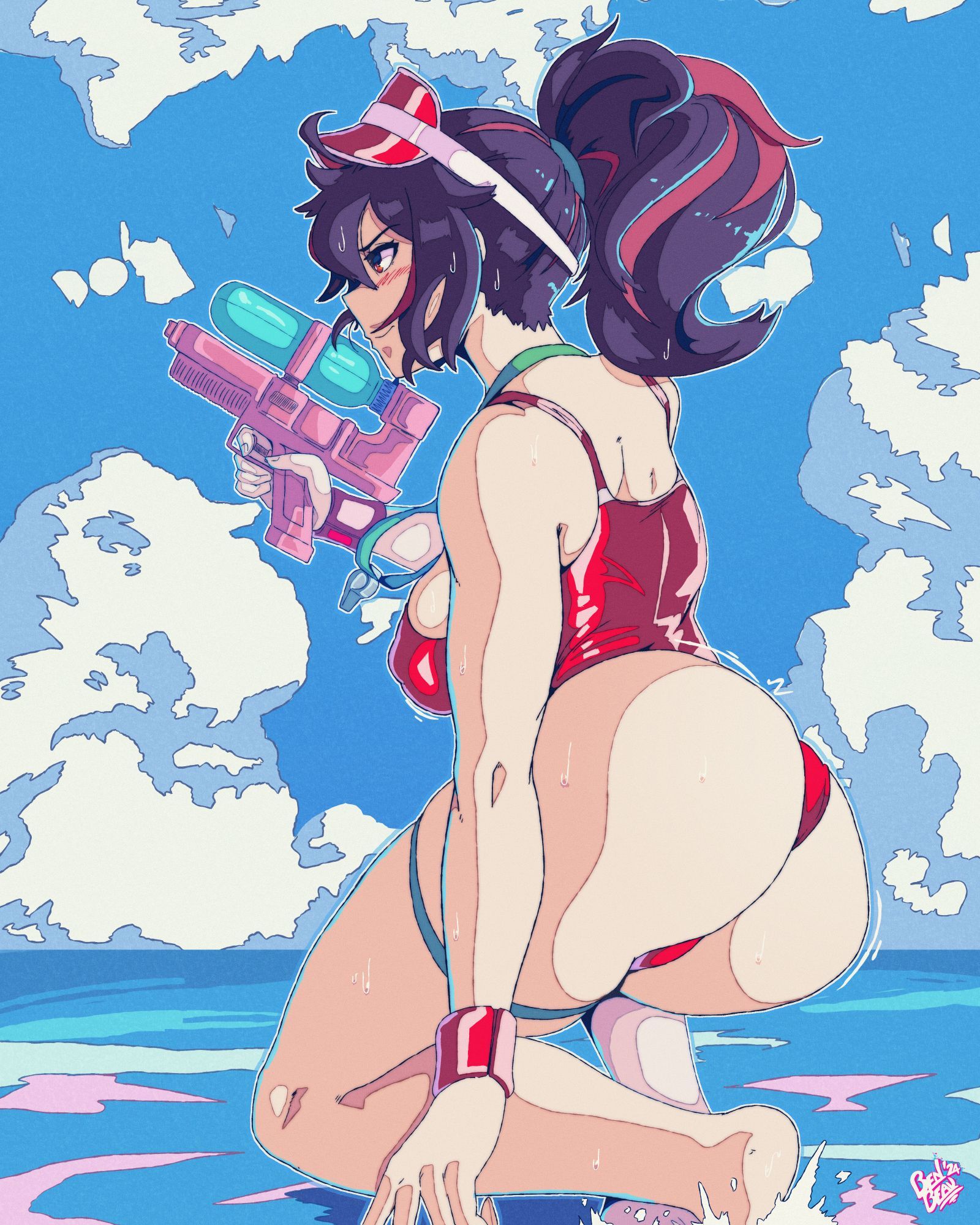 Digital Art. Zhu Yuan from Zenless Zone Zero at the beach wearing a lifeguard outfit with a water gun.