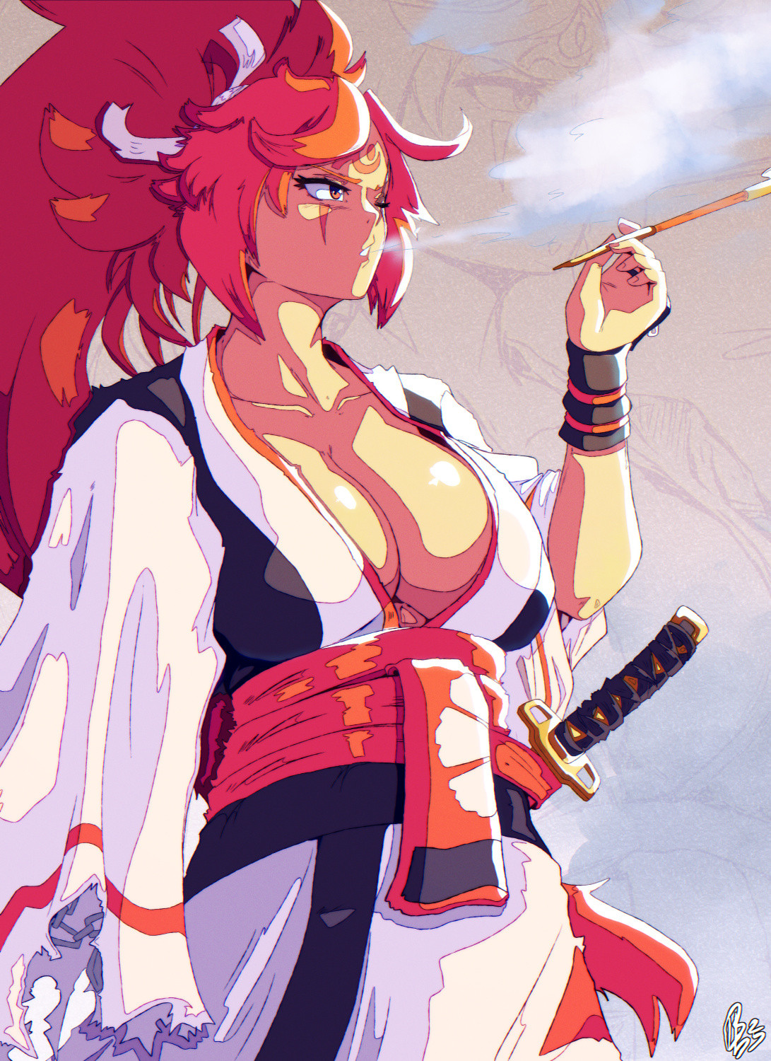 Digital Art. Baiken from Guilty Gear Strive smoking a pipe.
