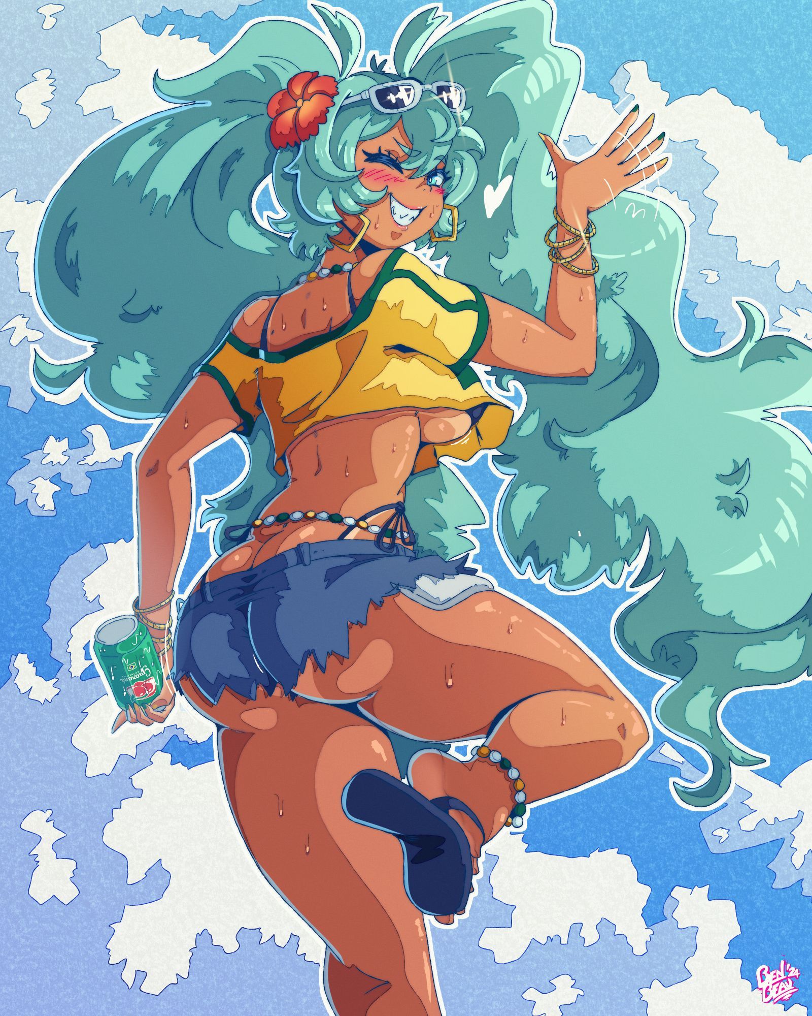 Digital Art. Brazilian Hatsune Miku waving towards the viewer behind her.