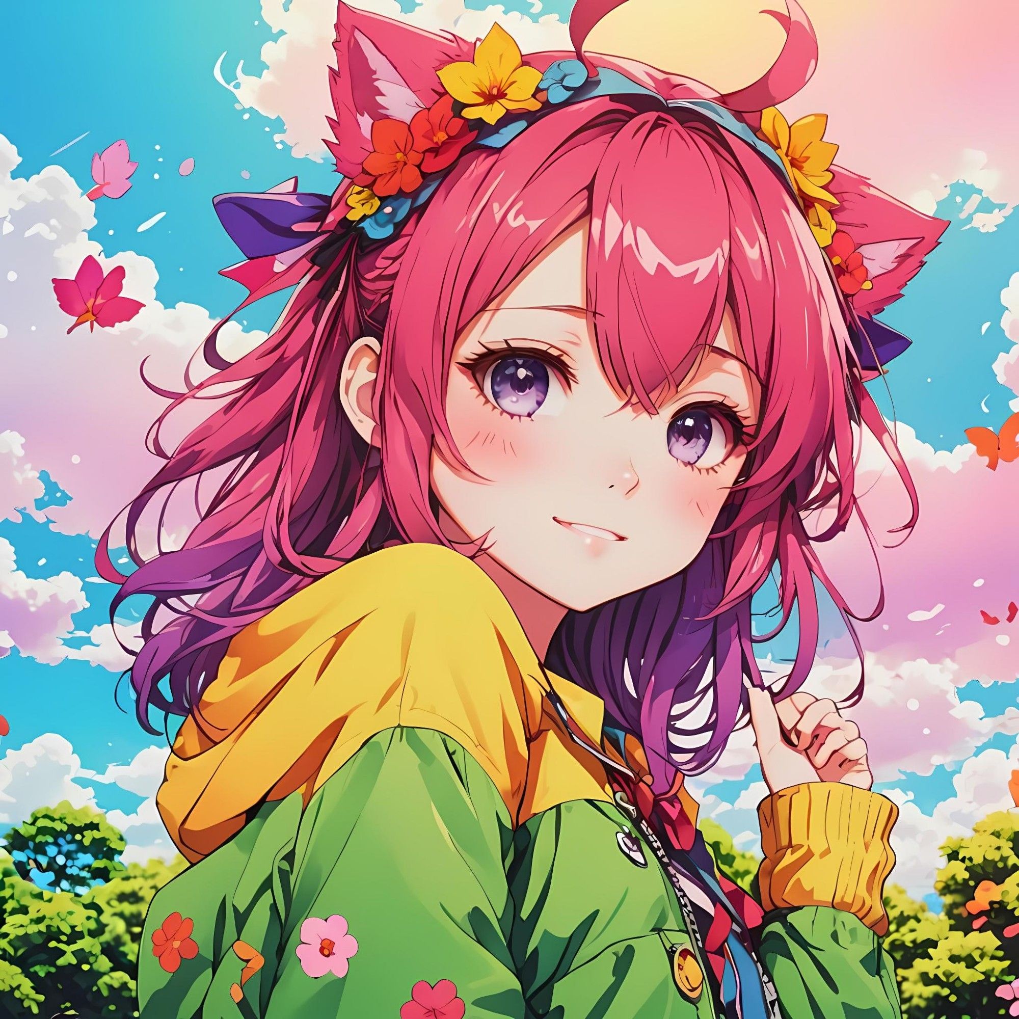 A Dreamshaper XL Lightning generated image that depicts a young pink and purple haired girl with various colored flowers and a sky blue ribbon in her hair.  She has indigo colored eyes, is wearing a green and yellow colored jacket with several flower and gem accents and her appearance and outfit are highly detailed and colorful.

In the back are colorful pink and white clouds, floating pastel leaves, and an orange looking butterfly on the right all floating over a light blue sky and a low horizon of tree tops illuminated by a summer sun. 

The image is titled “:O かわいい落書き x)” and is generated from CKPT / XL on “Night ☕ Café.