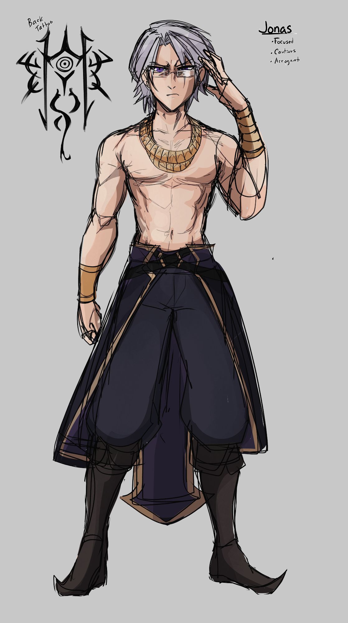 A colored sketch of a shirtless, bespectacled, silver-haired man. He wears knee-high pointed boots and baggy pants, a gold bracer on each arm and two gold necklaces. Detail of his back tattoo is shown on the right, which marks his contract with the Wish Demon Loki.
Text: "Jonas" - Focused, Cautious, Arrogant