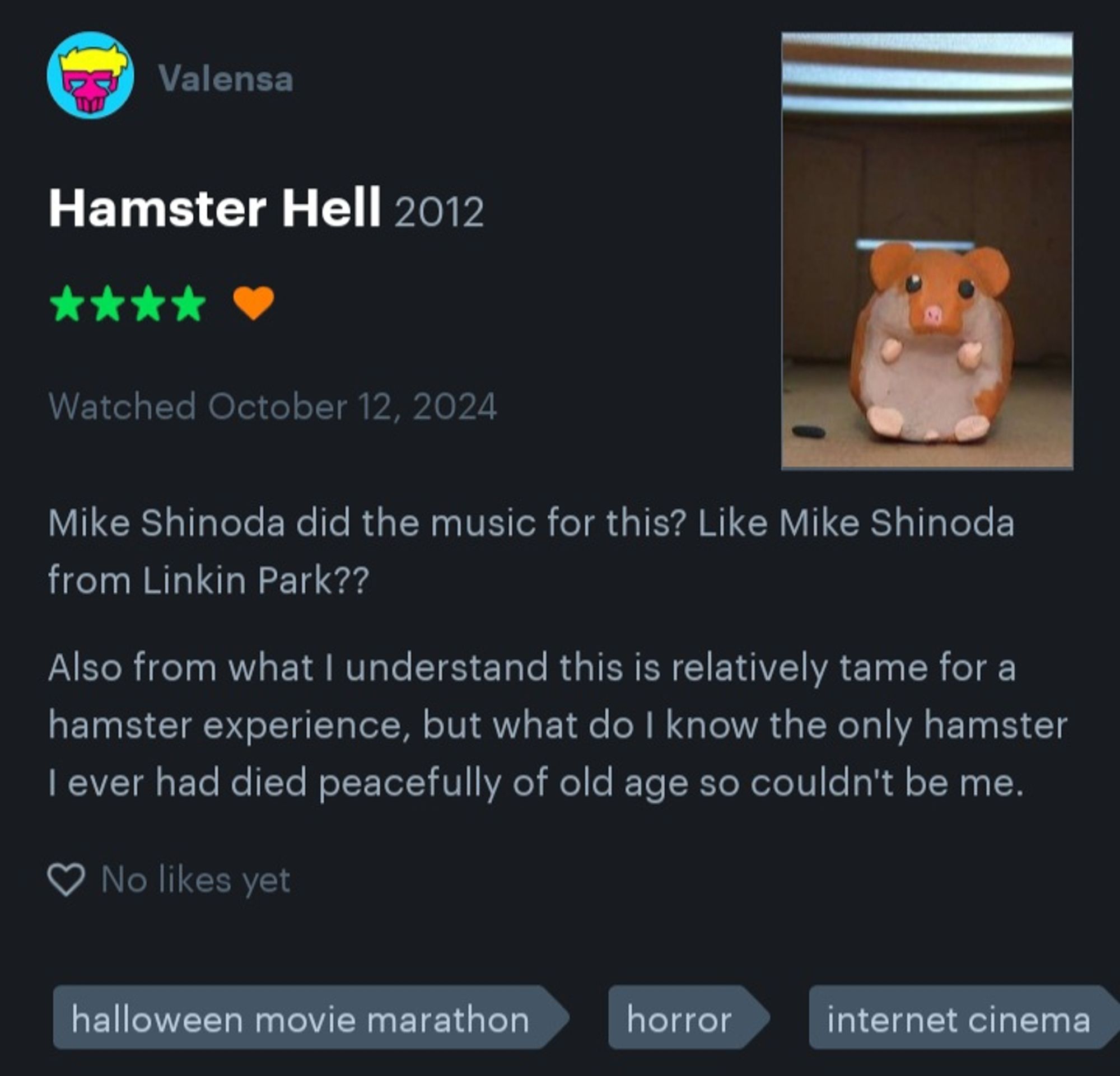 Mike Shinoda did the music for this? Like Mike Shinoda from Linkin Park??

Also from what I understand this is relatively tame for a hamster experience, but what do I know the only hamster I ever had died peacefully of old age so couldn't be me.