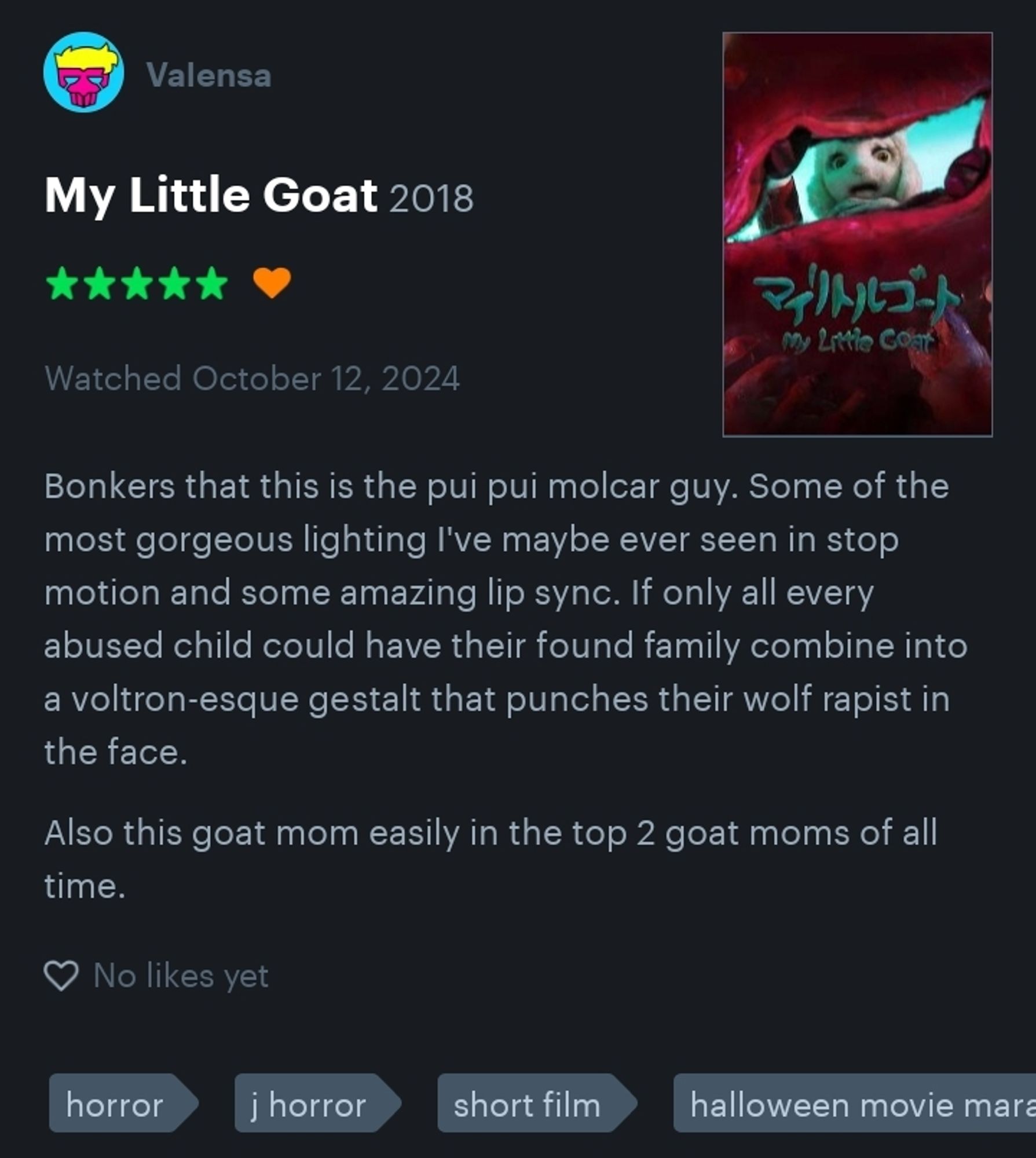 Bonkers that this is the pui pui molcar guy. Some of the most gorgeous lighting I've maybe ever seen in stop motion and some amazing lip sync. If only all every abused child could have their found family combine into a voltron-esque gestalt that punches their wolf rapist in the face.

Also this goat mom easily in the top 2 goat moms of all time.