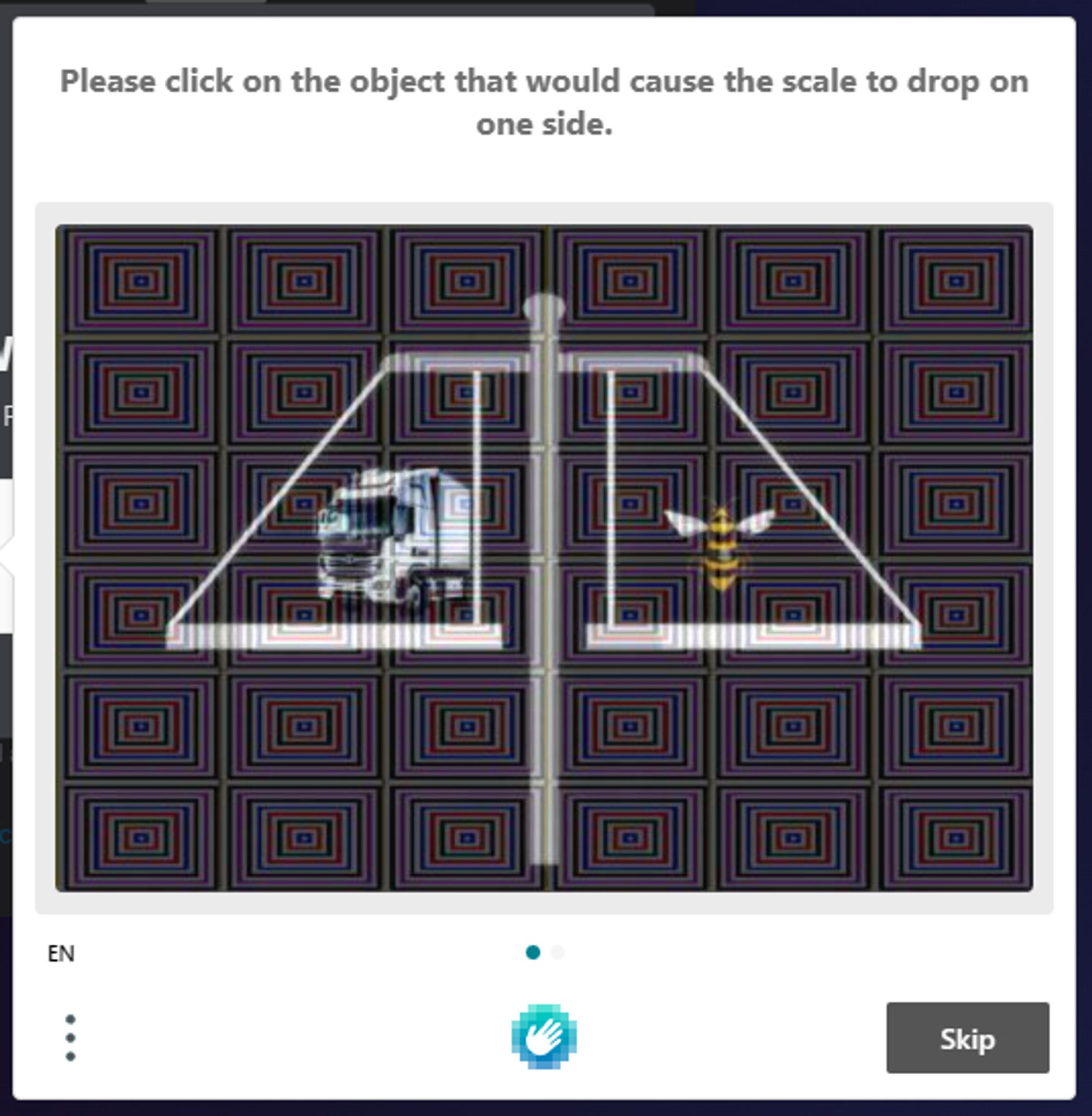 A CAPTCHA showing a truck and a bee on a pair of scales, on a horrible patterned background designed to prevent AI from being able to see it.