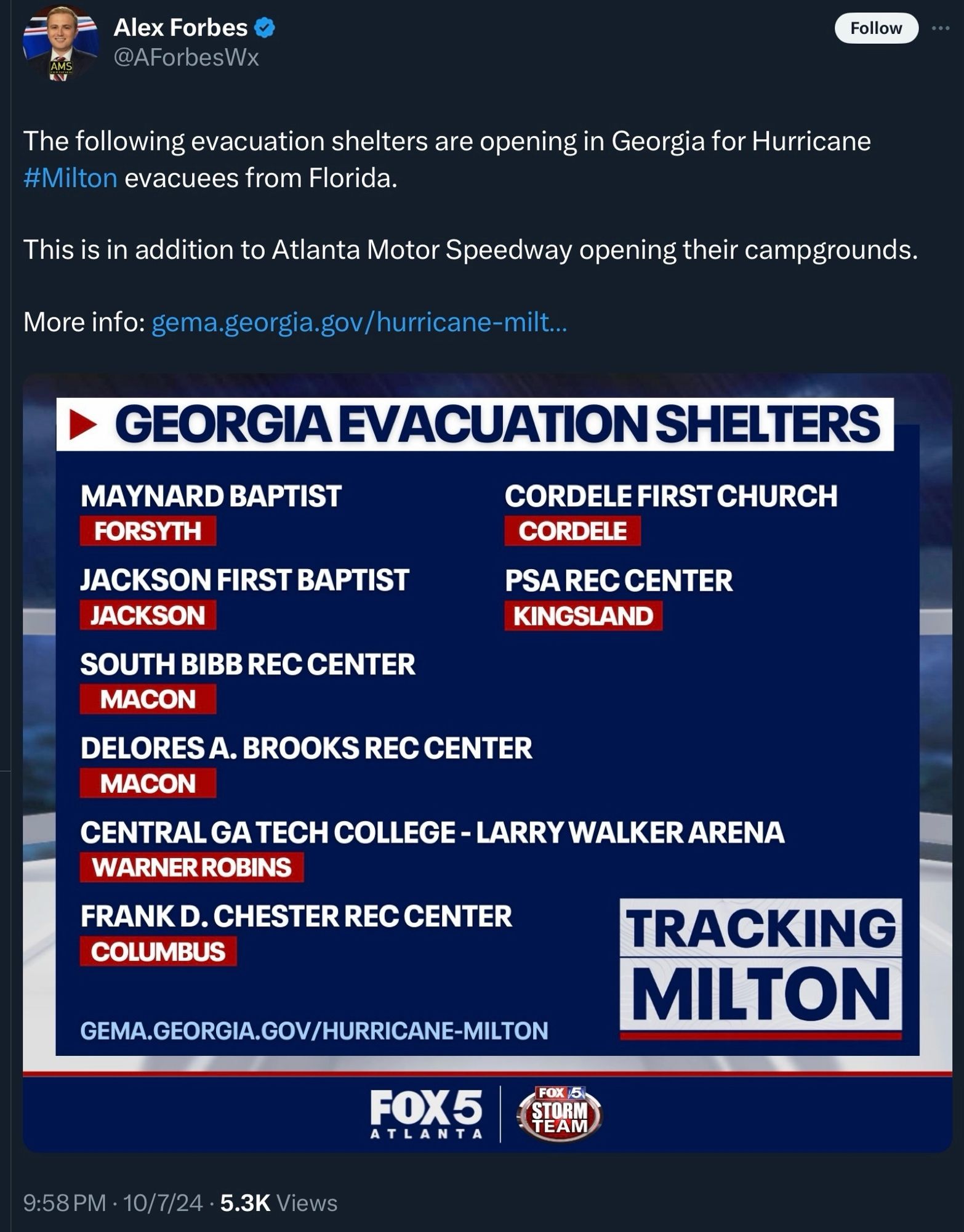 Atlanta Motor Speedway is opening their campgrounds. 

Maynard Baptist in Forsyth
Jackson First Baptist in Jackson
South Bibb Rec Ctr in Macon
Delores A. Brooks Rec Ctr in Macon
Central GA Tech Univ Walker Arena in Warner Robins
Frank D. Chester Rec Ctr in Columbus
Cordell First Church in Cordell
PSA Rec Ctr in Kingsland