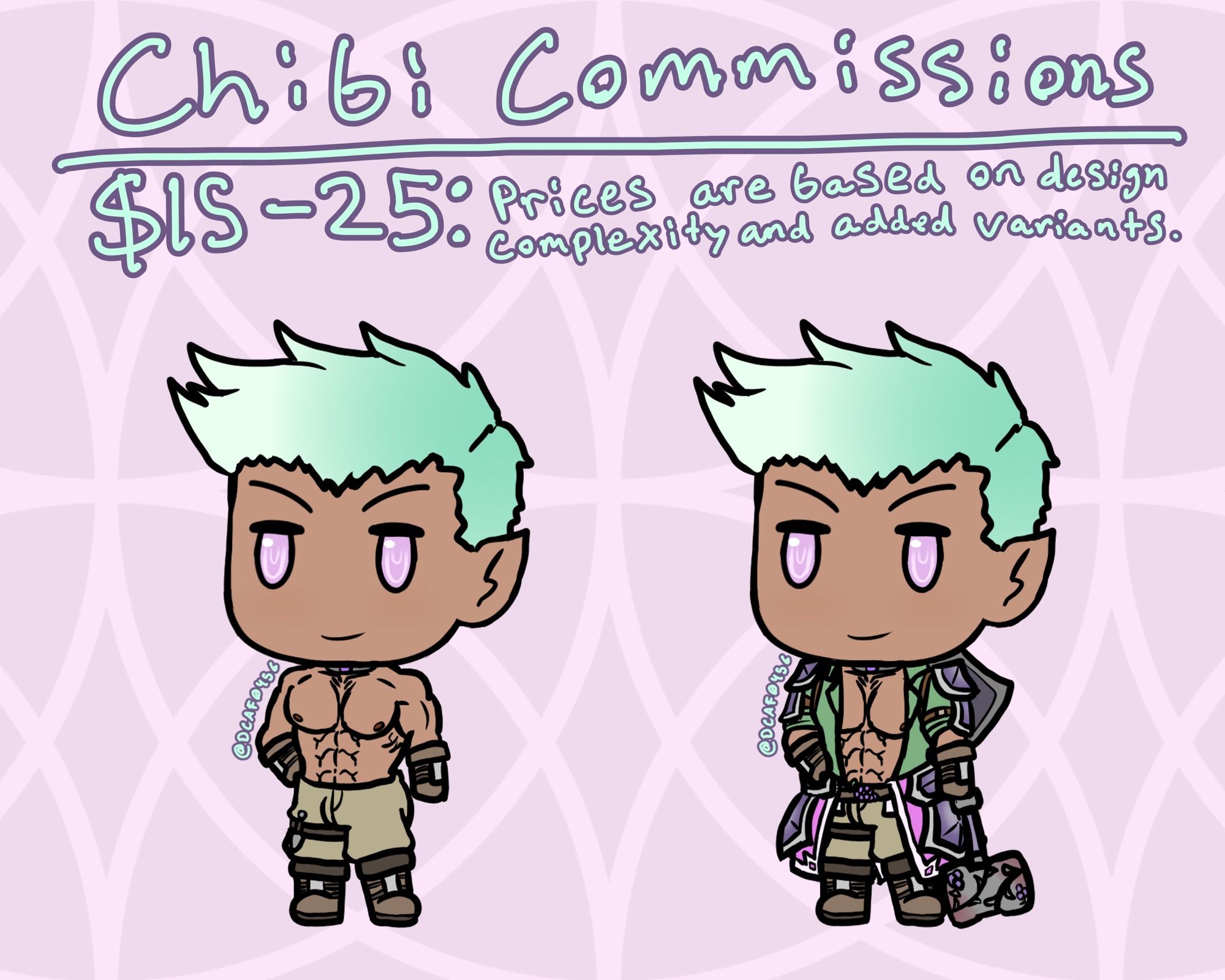 Base price of $15. Added fees if character design is too complex