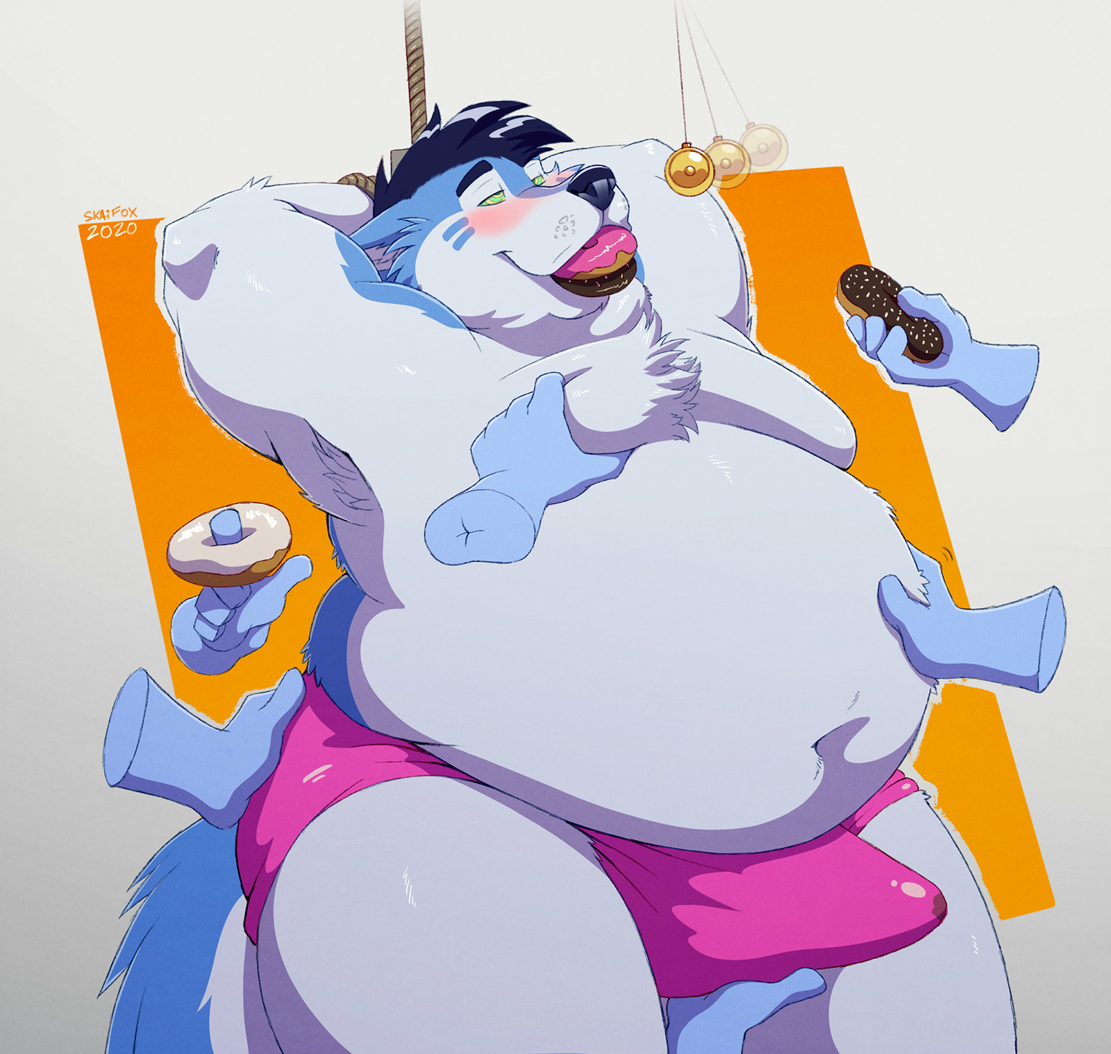 An anthropomorphic wusky being groped by ghost hands, fed, and hypnotised, with a "tent" erection obscured by pink underwear.