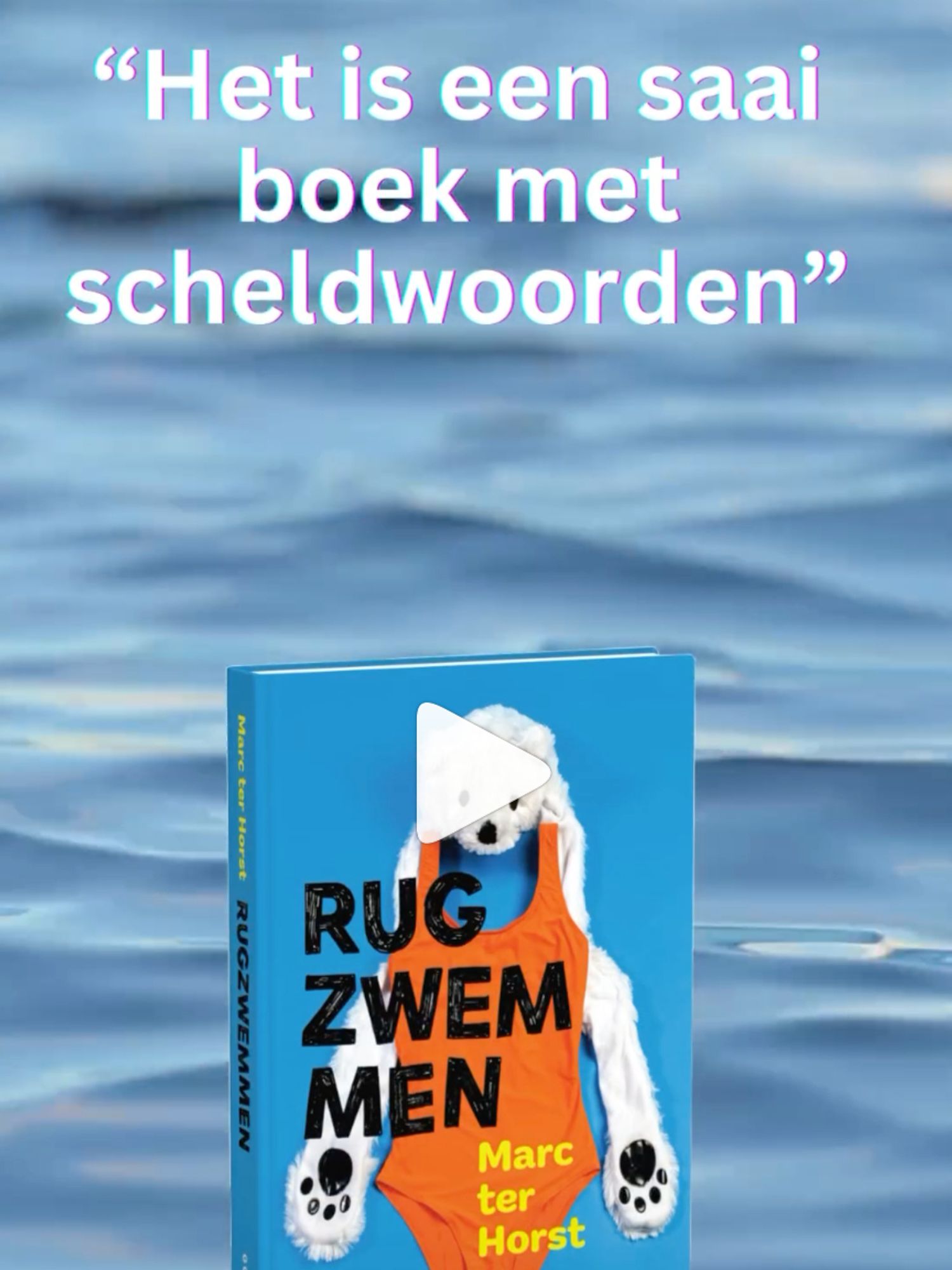 Screenshot reel met cover Rugzwemmen en quote "Het is een saai boek met scheldwoorden"