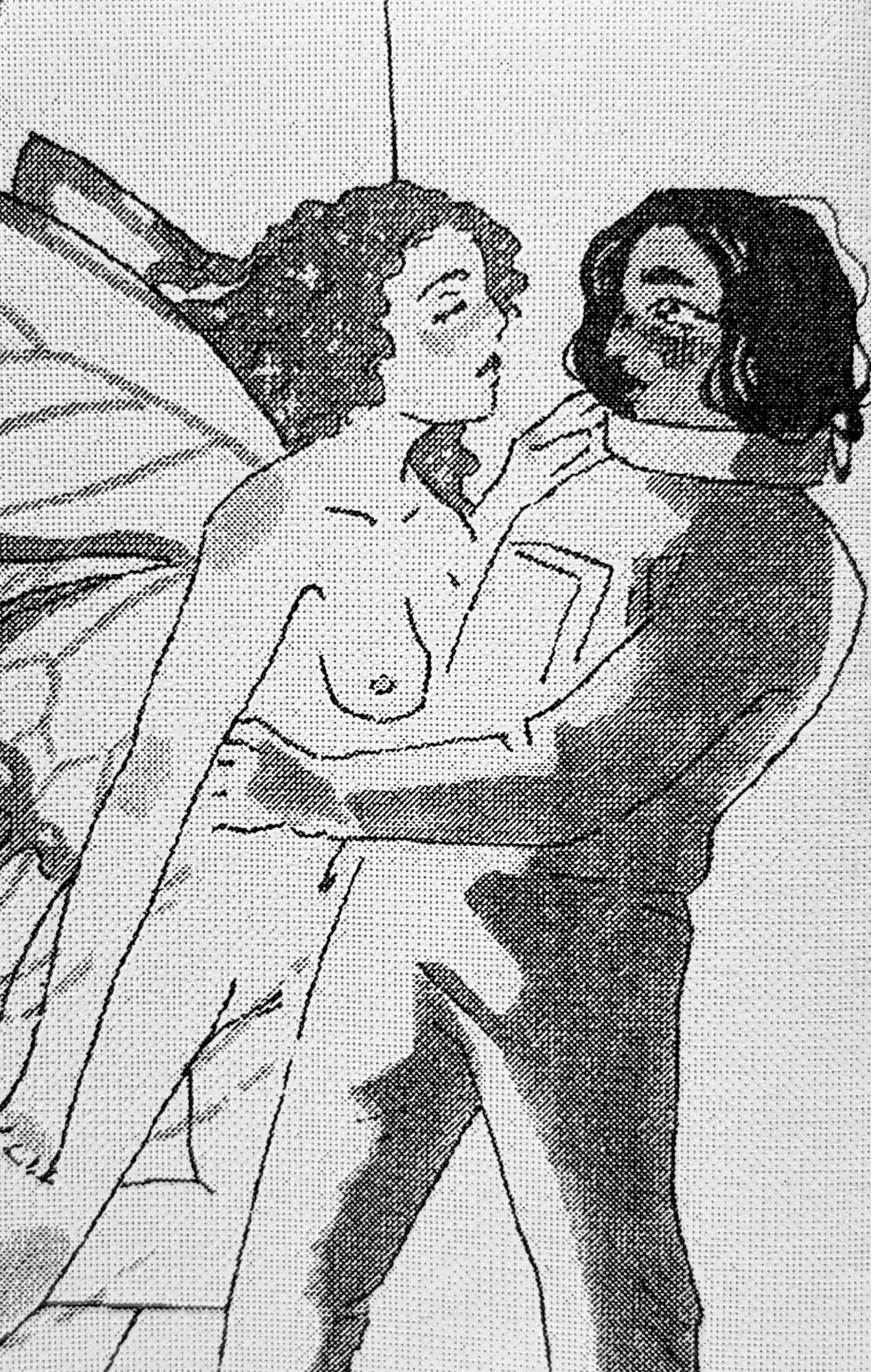 Close-up of the final page of "Crash Landing", in which the astronaut protagonist catches a still-unconscious, nude fairy falling from her chrysalis. The astronaut looks flustered, but her stance is steady.