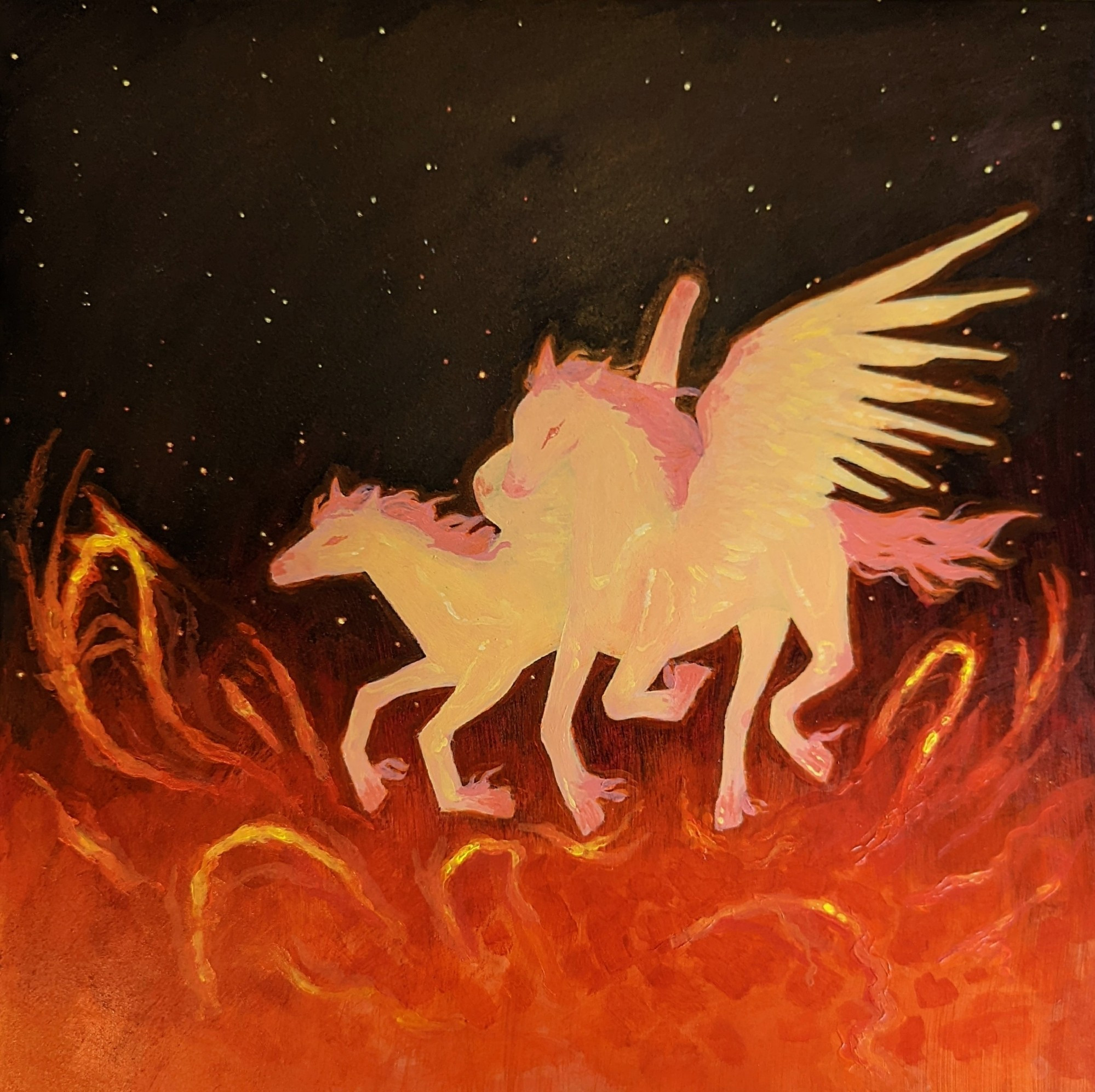 "Solar Winged Horses", 12" by 12" acrylic painting on mdf panel depicting two glowing pegasus figures galloping on the surface of the sun 