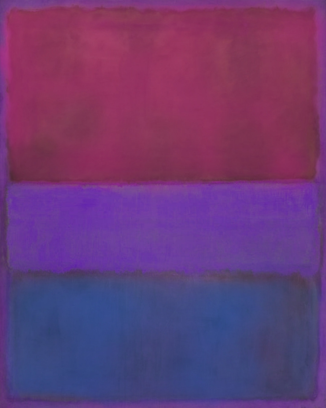 Mark Rothko's 1953 painting "No. 61 (Rust and Blue)" digitally edited to look like the bisexual flag, with pink, purple, and blue color blocks.