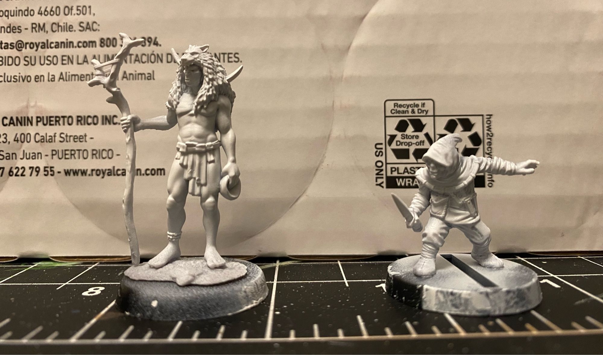 A picture of two white primed fantasy gaming miniatures in front of a white background. One miniature is a barely clothed orc Druid wearing a wolf pelt hood and the other is a half orc thief crouched low with a dagger