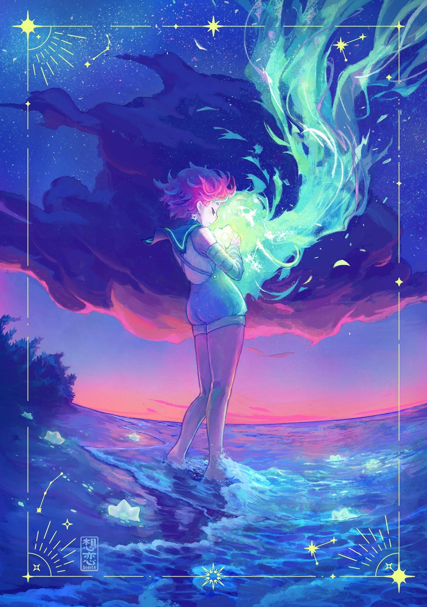 Illustration of Sedeto's persona vtuber character with her feet in the sea catching a feeling star in the sunset.