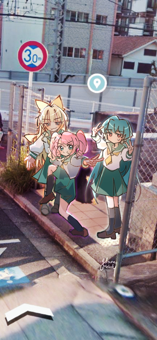 Fanart of Tres Magia from "Gushing over Magical Girls" or "MahouAko" - short for "Mahou Shoujo ni Akogarete." The drawing is a Google Street View redraw trend that was popular on Twitter/X.