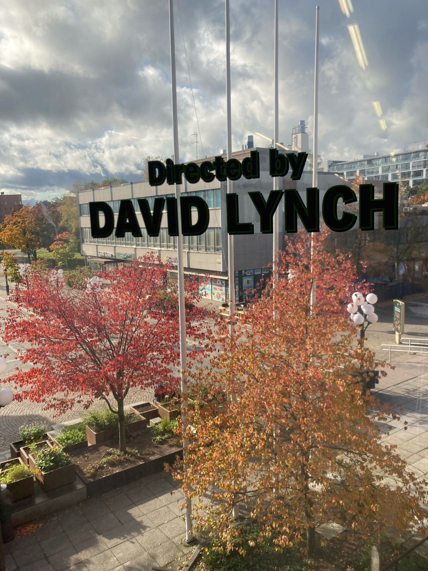 Näkymä ikkunasta kadulle jossa lehtipuissa syksyn värejä, ikkunassa teksti "Directed by DAVID LYNCH"