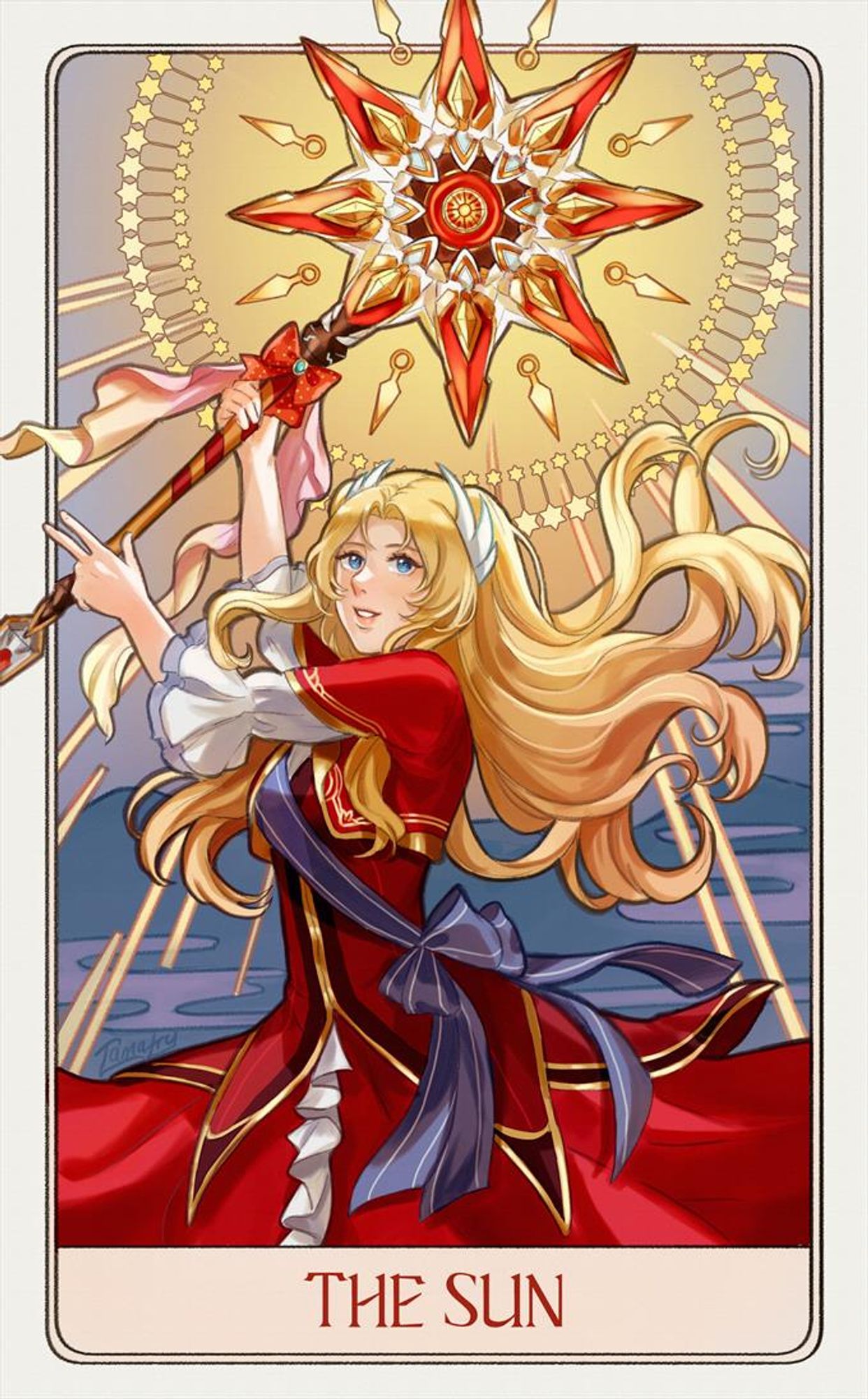 Alfin Reise Arnor fromthe Legend of Heroes series in the style of a Tarot Card with Art Nouveau Elements. The card's title is "The Sun"